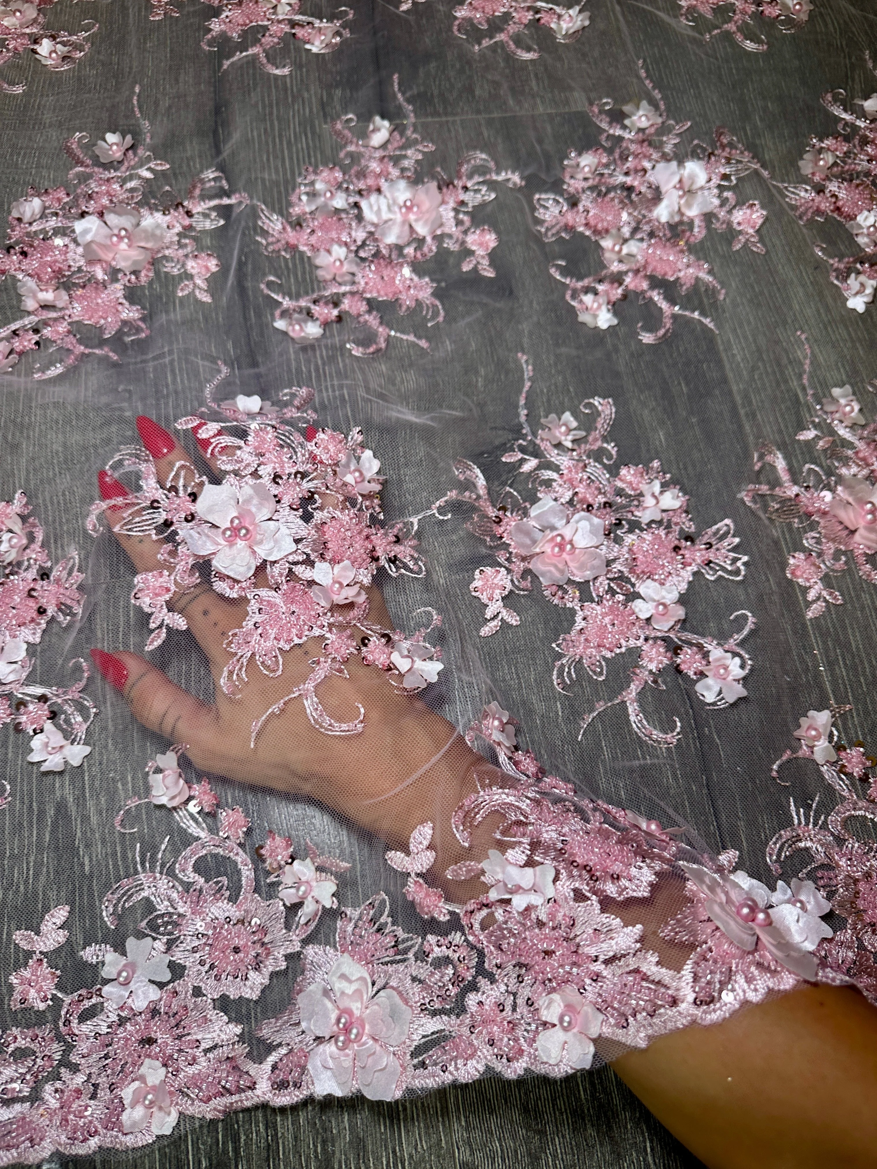 Baby Pink 3D Floral Embroidered Beaded Tulle Lace