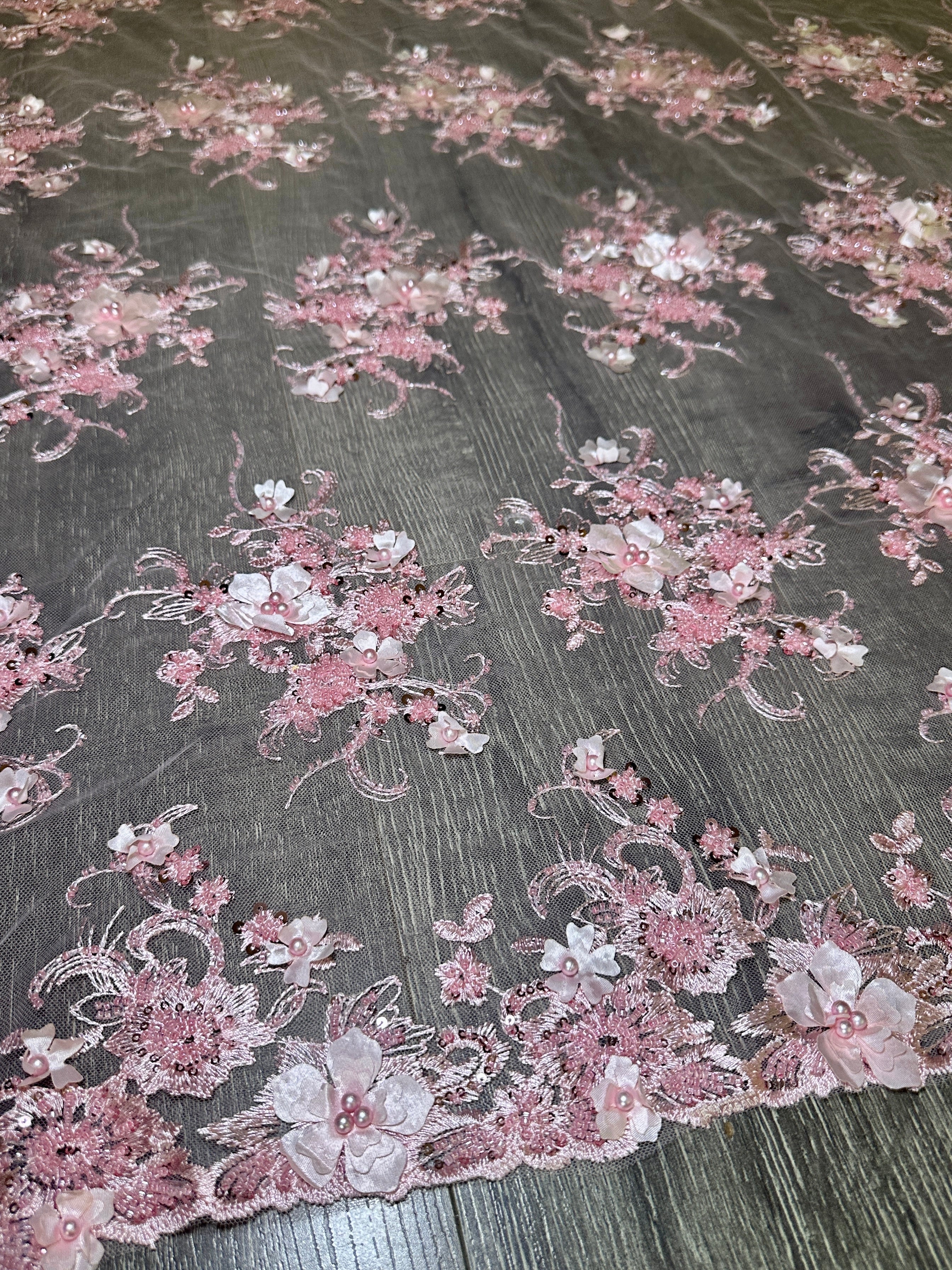 Baby Pink 3D Floral Embroidered Beaded Tulle Lace - Image 10