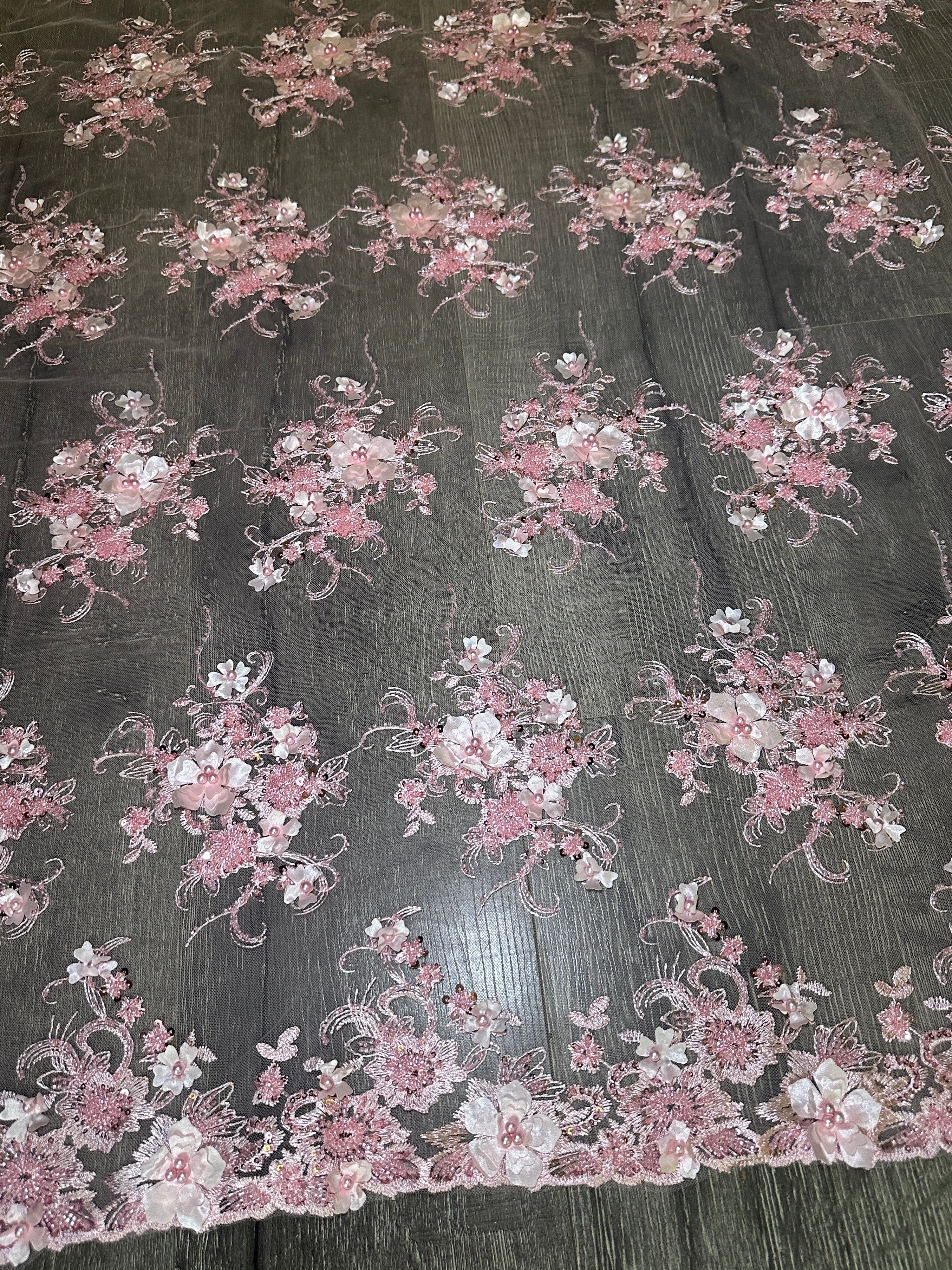 Baby Pink 3D Floral Embroidered Beaded Tulle Lace - Image 2