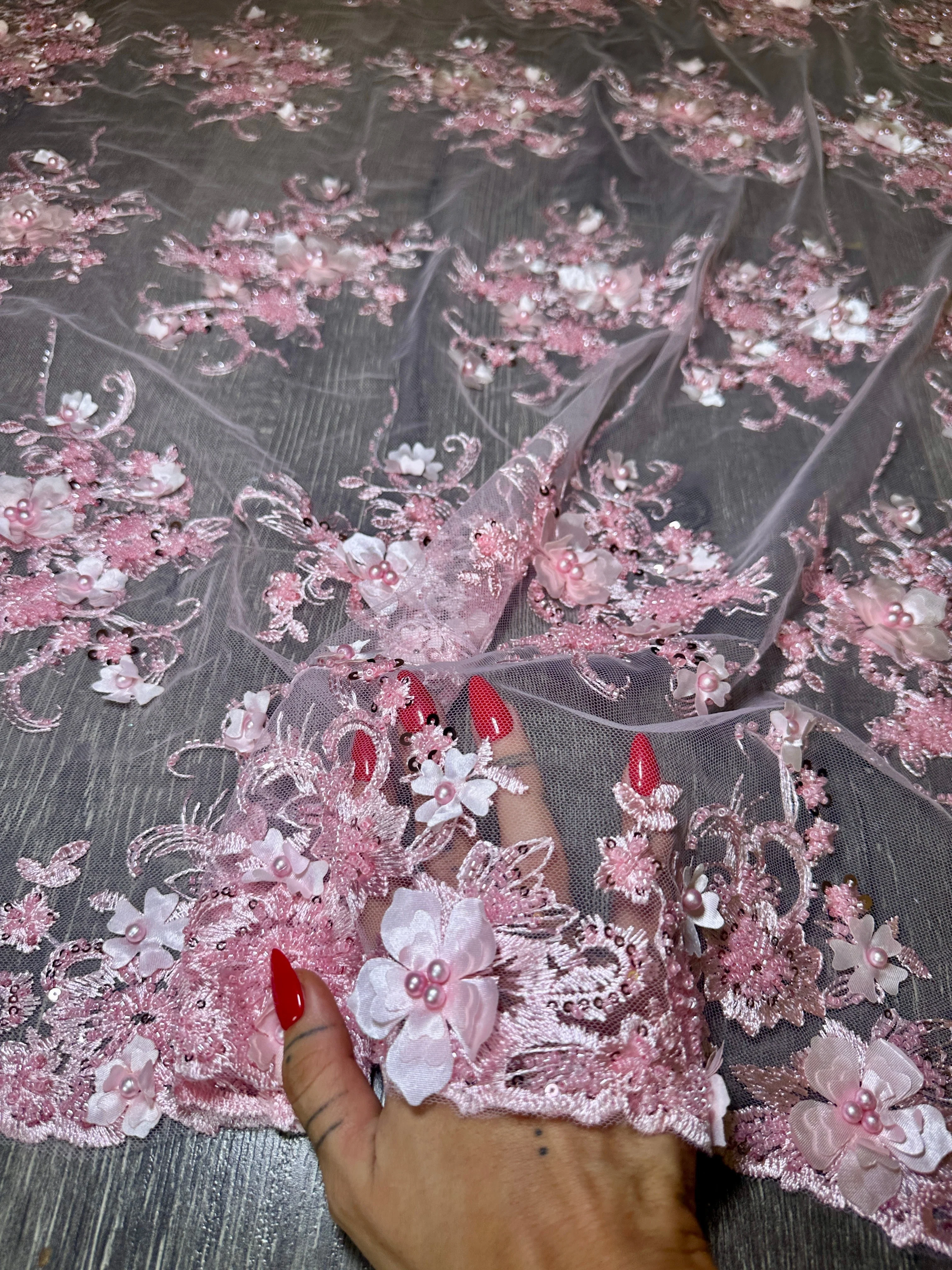 Baby Pink 3D Floral Embroidered Beaded Tulle Lace - Image 3