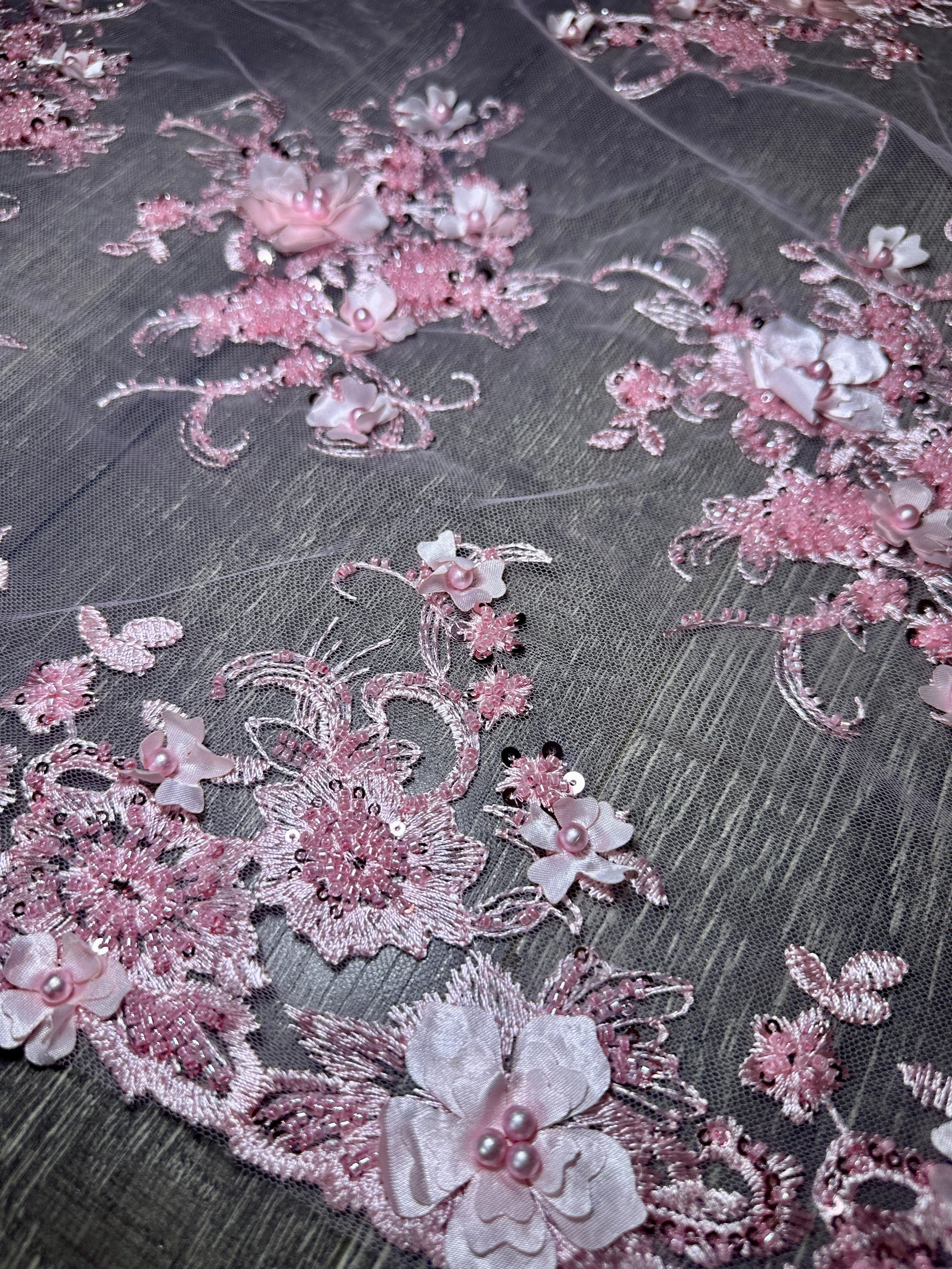 Baby Pink 3D Floral Embroidered Beaded Tulle Lace - Image 4