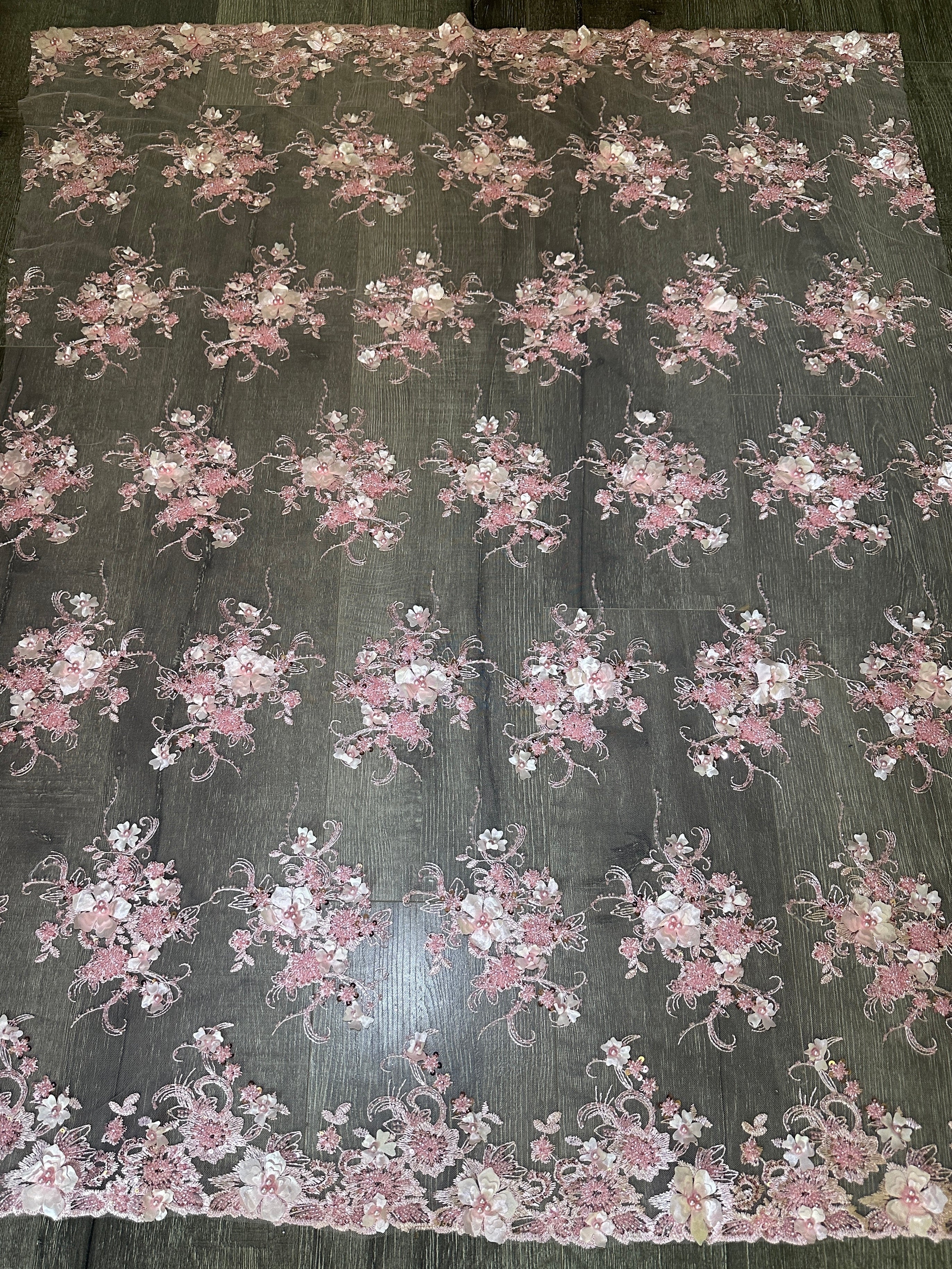 Baby Pink 3D Floral Embroidered Beaded Tulle Lace - Image 5