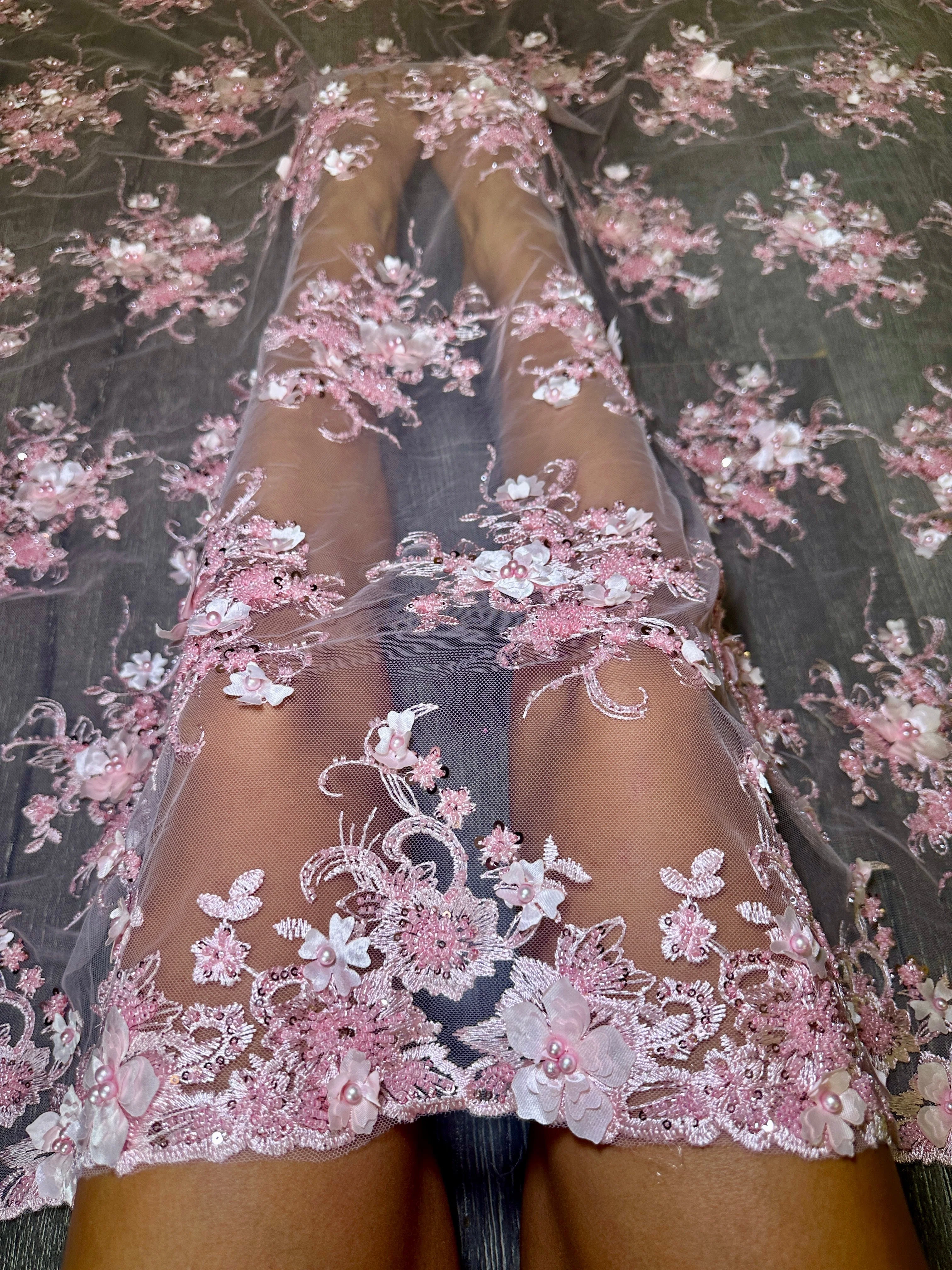 Baby Pink 3D Floral Embroidered Beaded Tulle Lace - Image 6