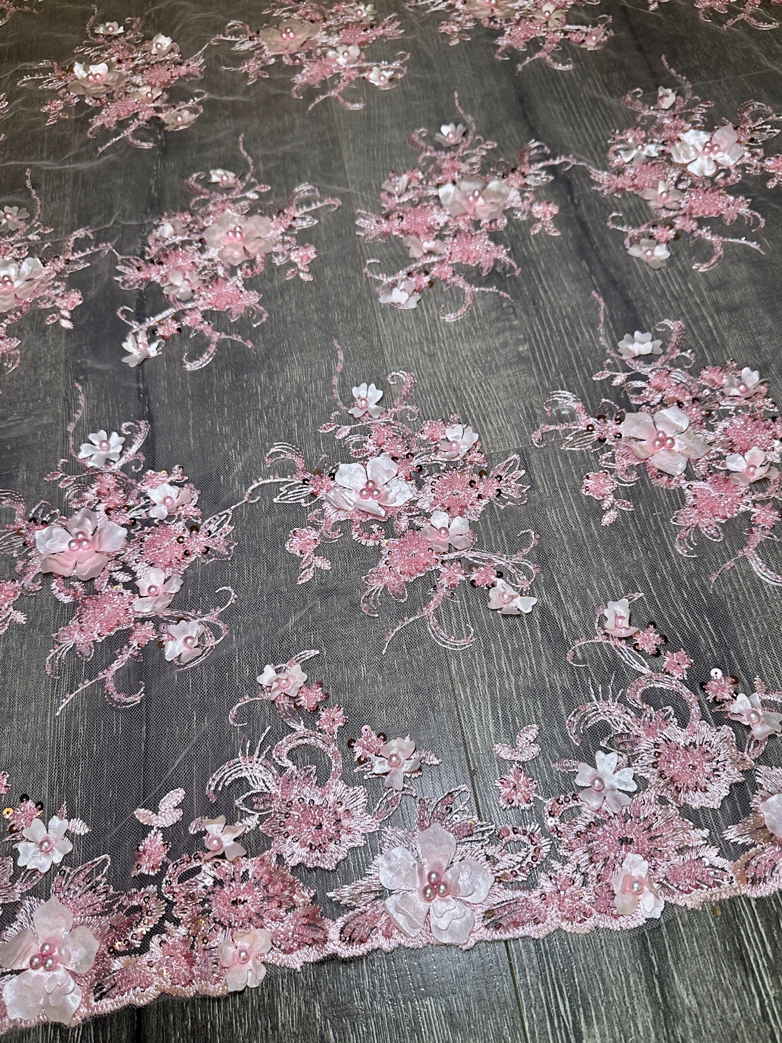Baby Pink 3D Floral Embroidered Beaded Tulle Lace - Image 7