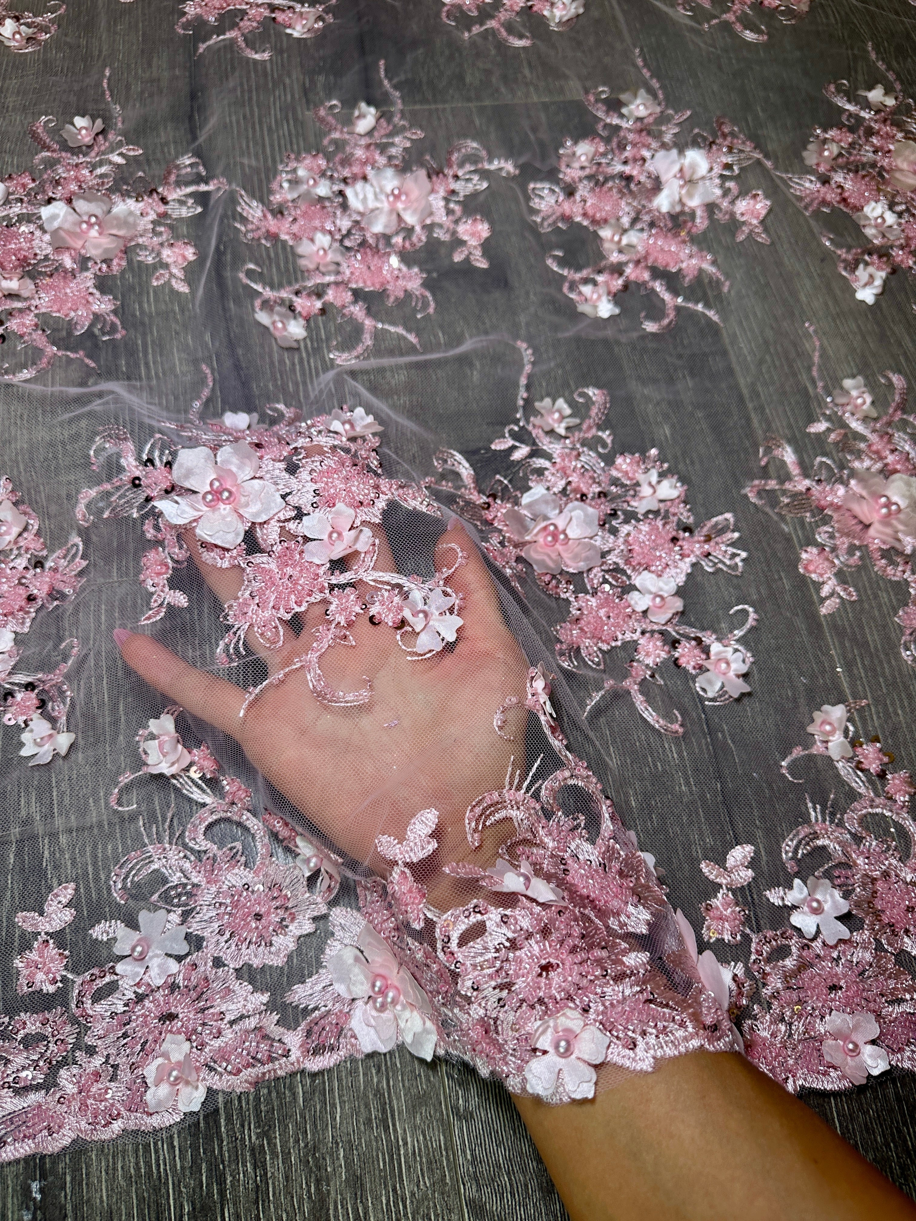 Baby Pink 3D Floral Embroidered Beaded Tulle Lace - Image 8
