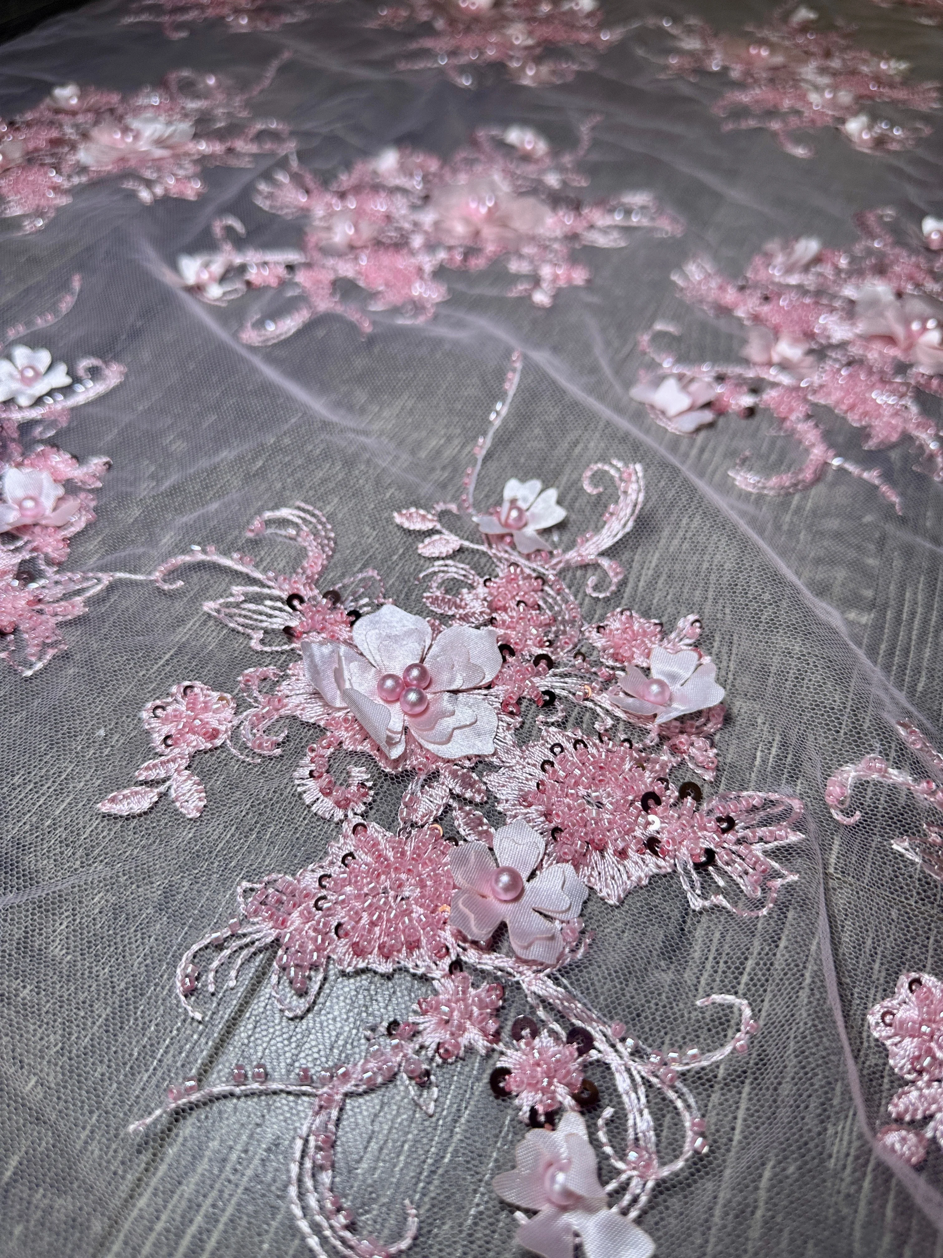 Baby Pink 3D Floral Embroidered Beaded Tulle Lace - Image 9