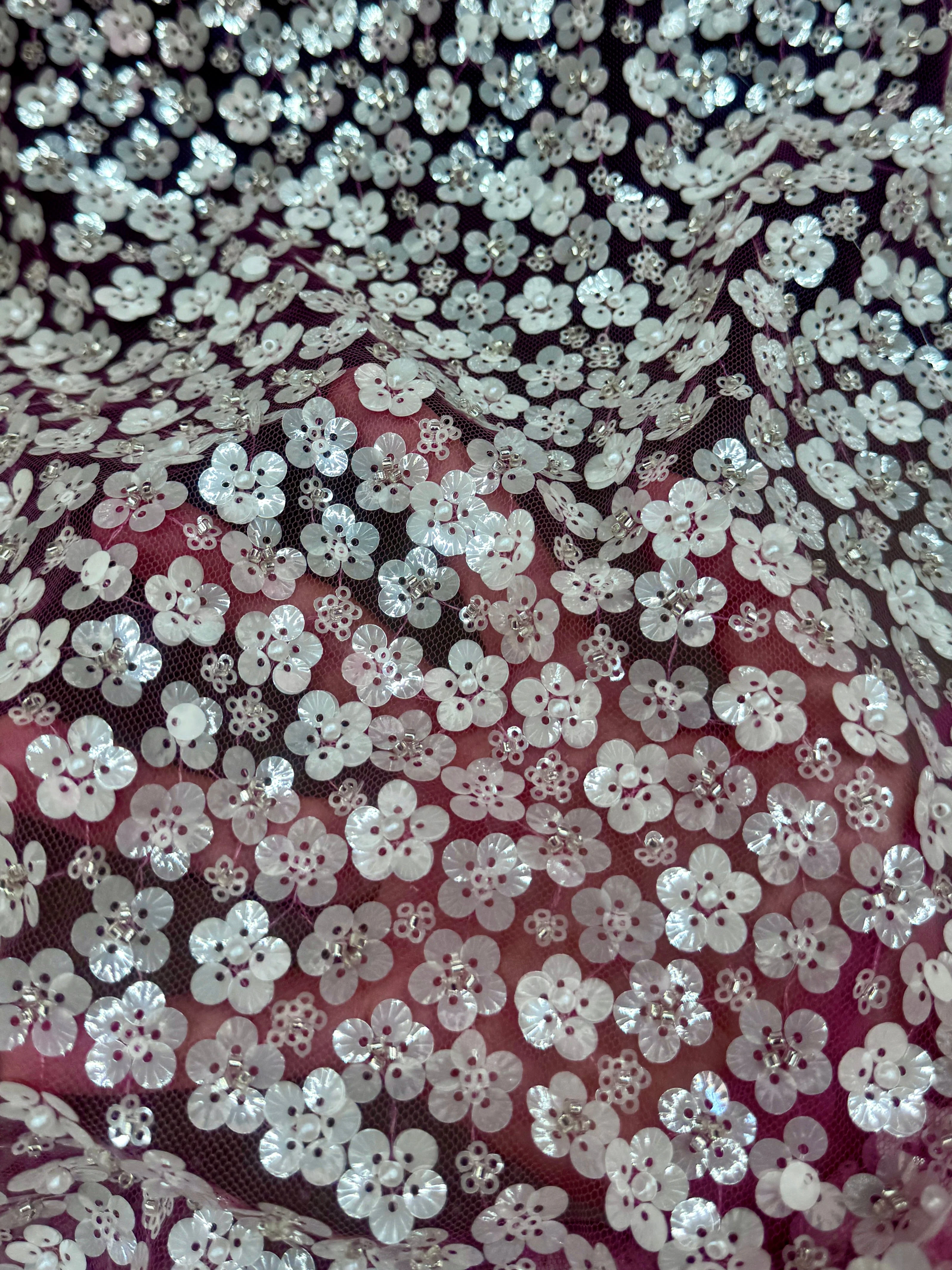 3D White Sequin Flowers on Baby Pink Mesh