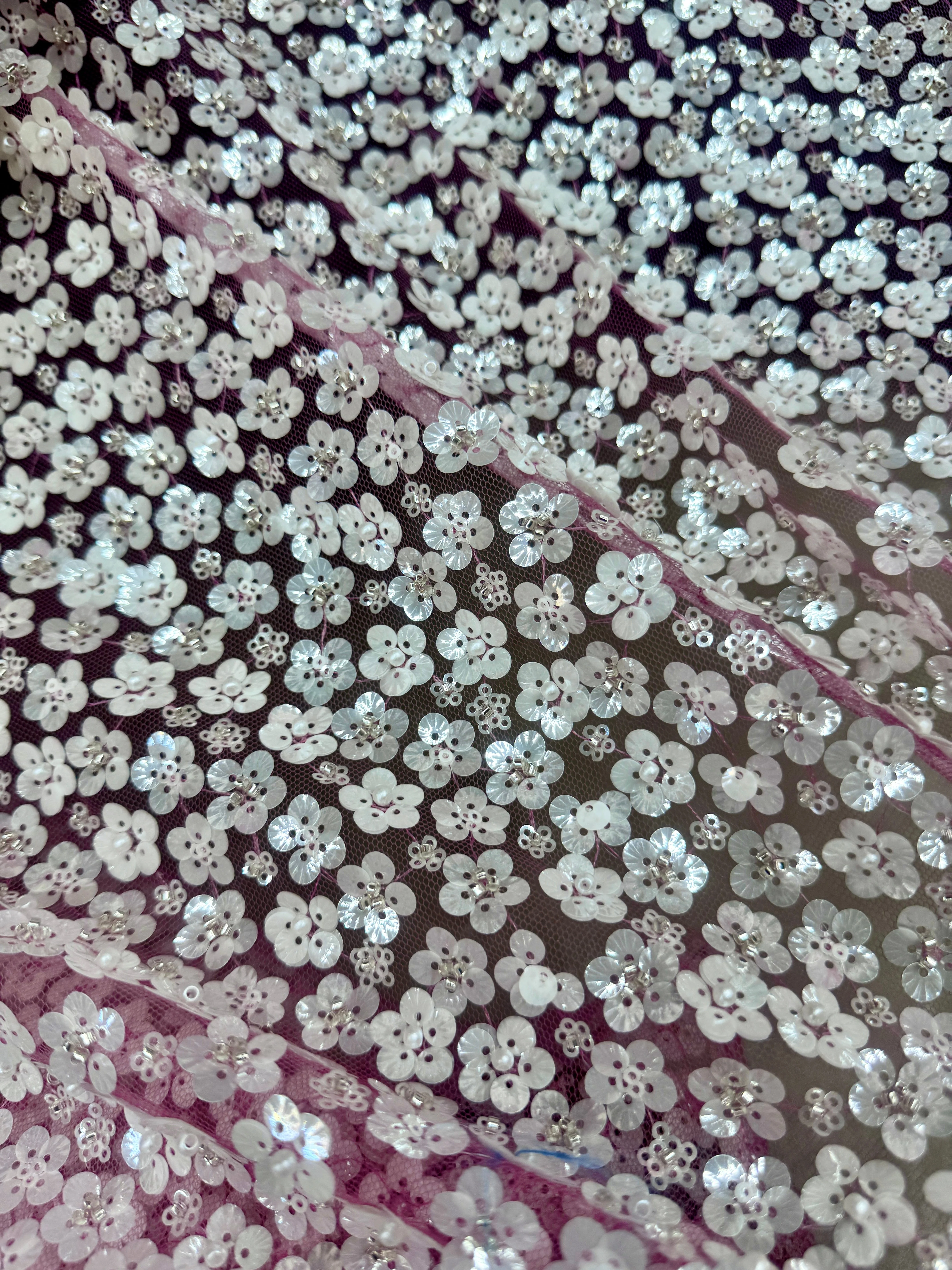 3D White Sequin Flowers on Baby Pink Mesh - Image 2