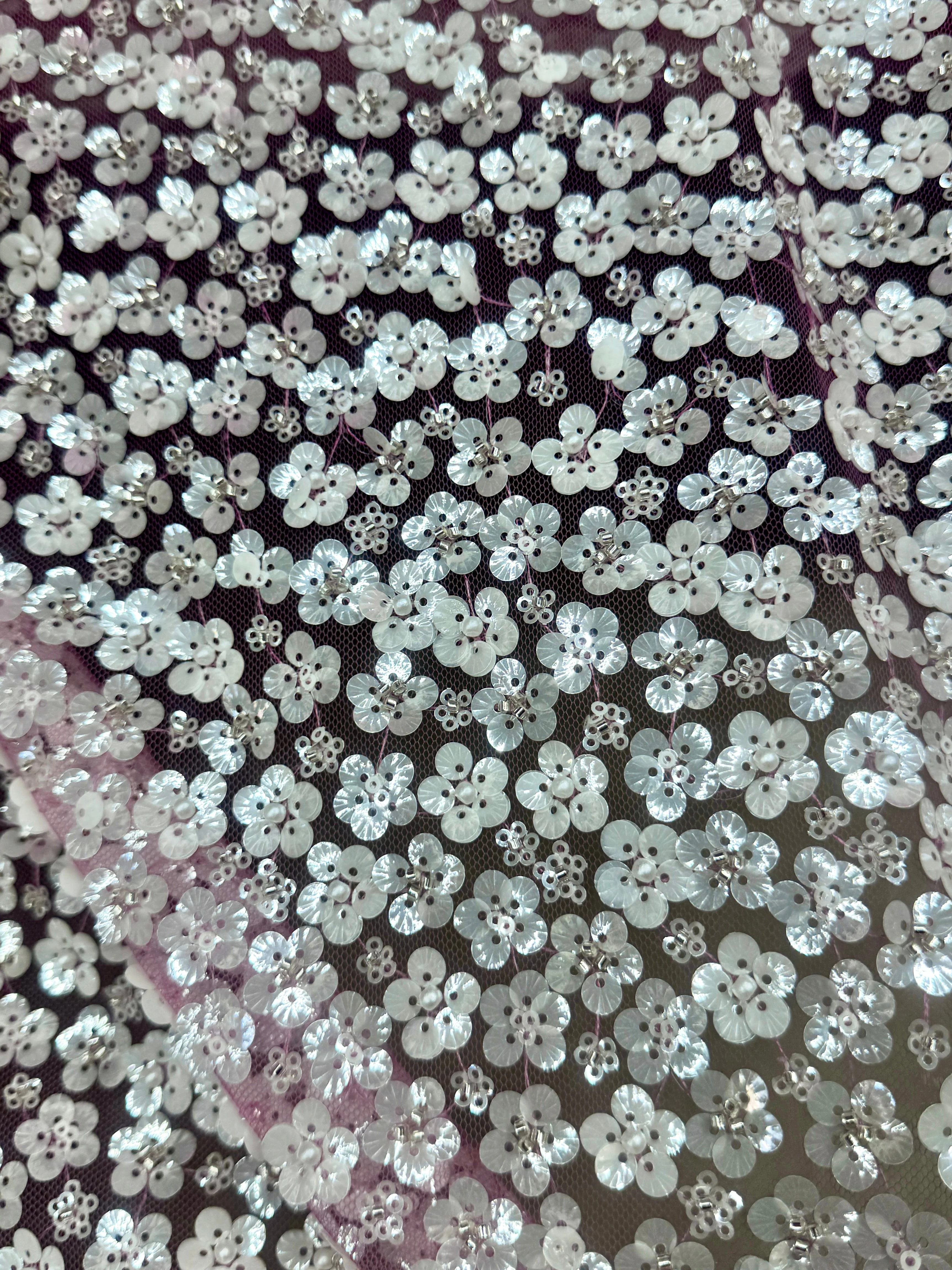 3D White Sequin Flowers on Baby Pink Mesh - Image 3