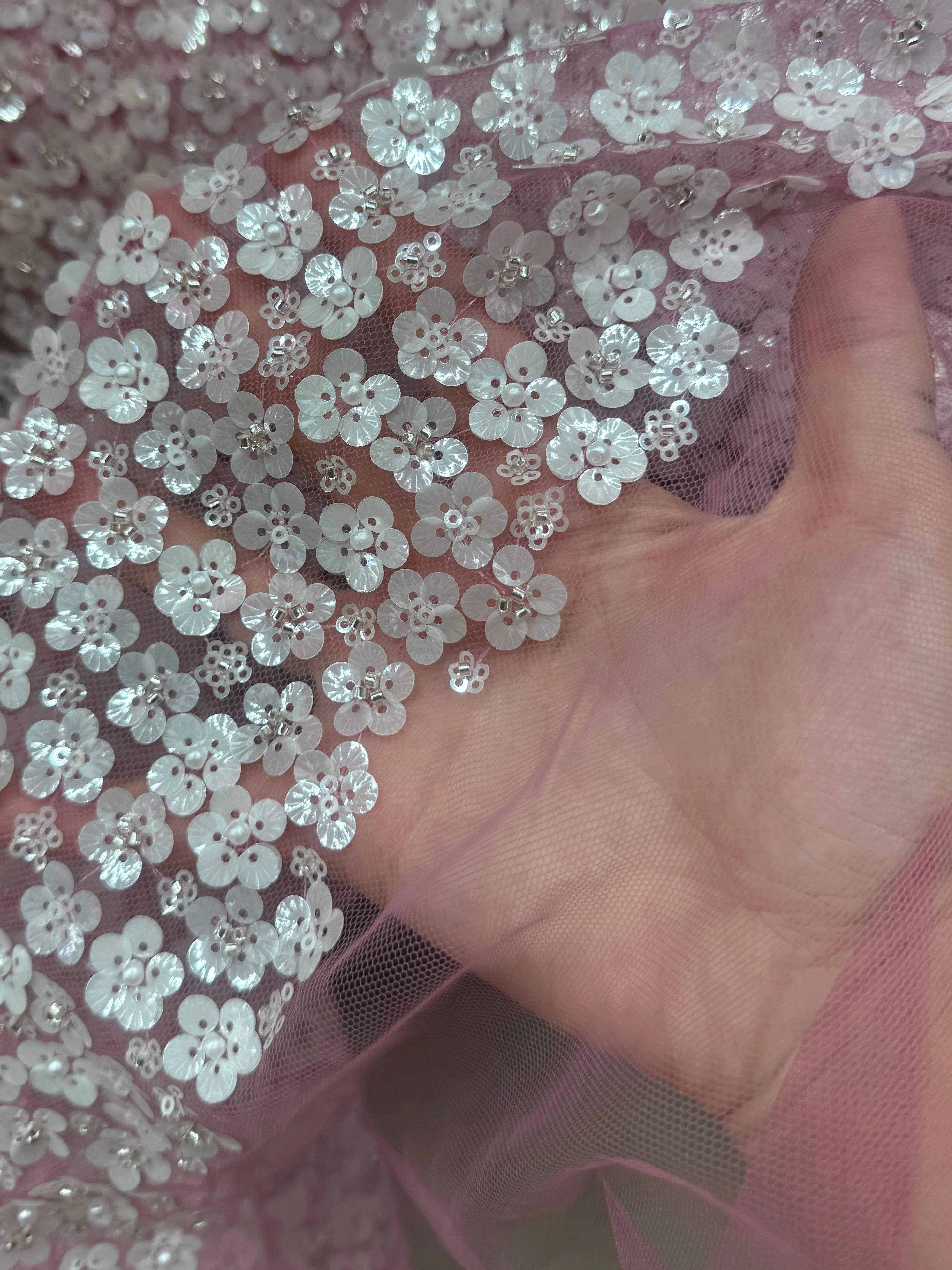 3D White Sequin Flowers on Baby Pink Mesh - Image 4