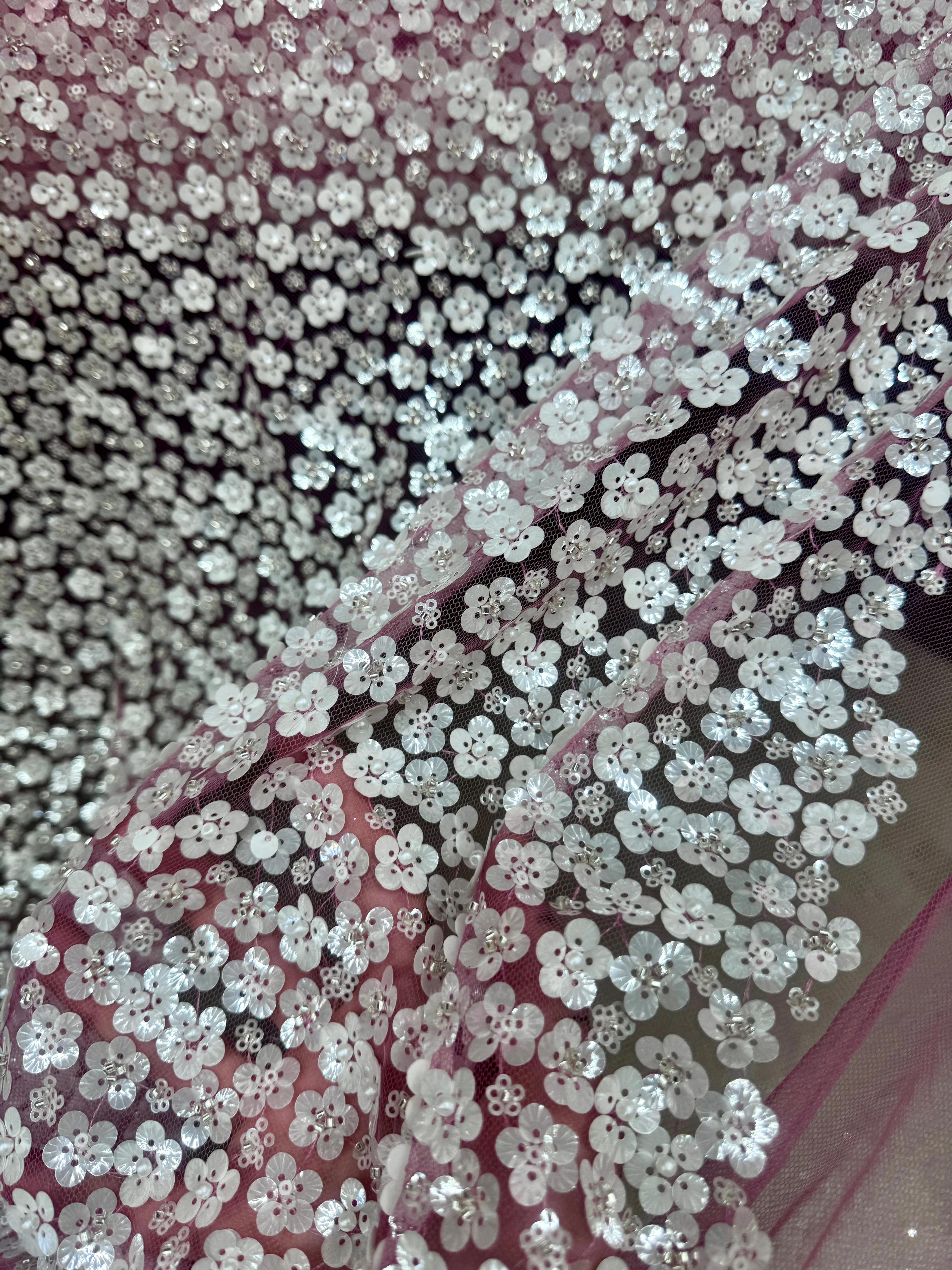 3D White Sequin Flowers on Baby Pink Mesh - Image 5