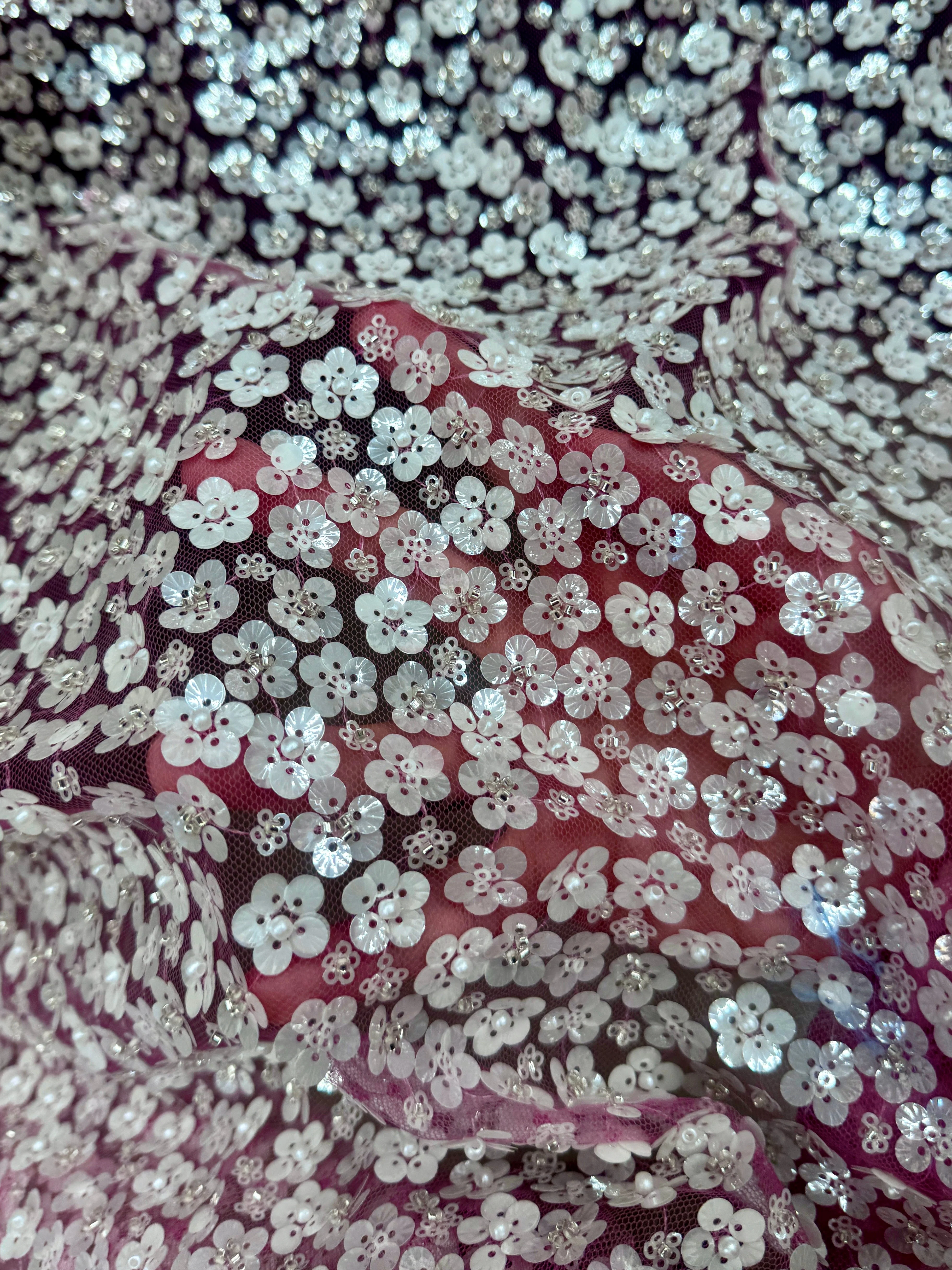 3D White Sequin Flowers on Baby Pink Mesh - Image 6