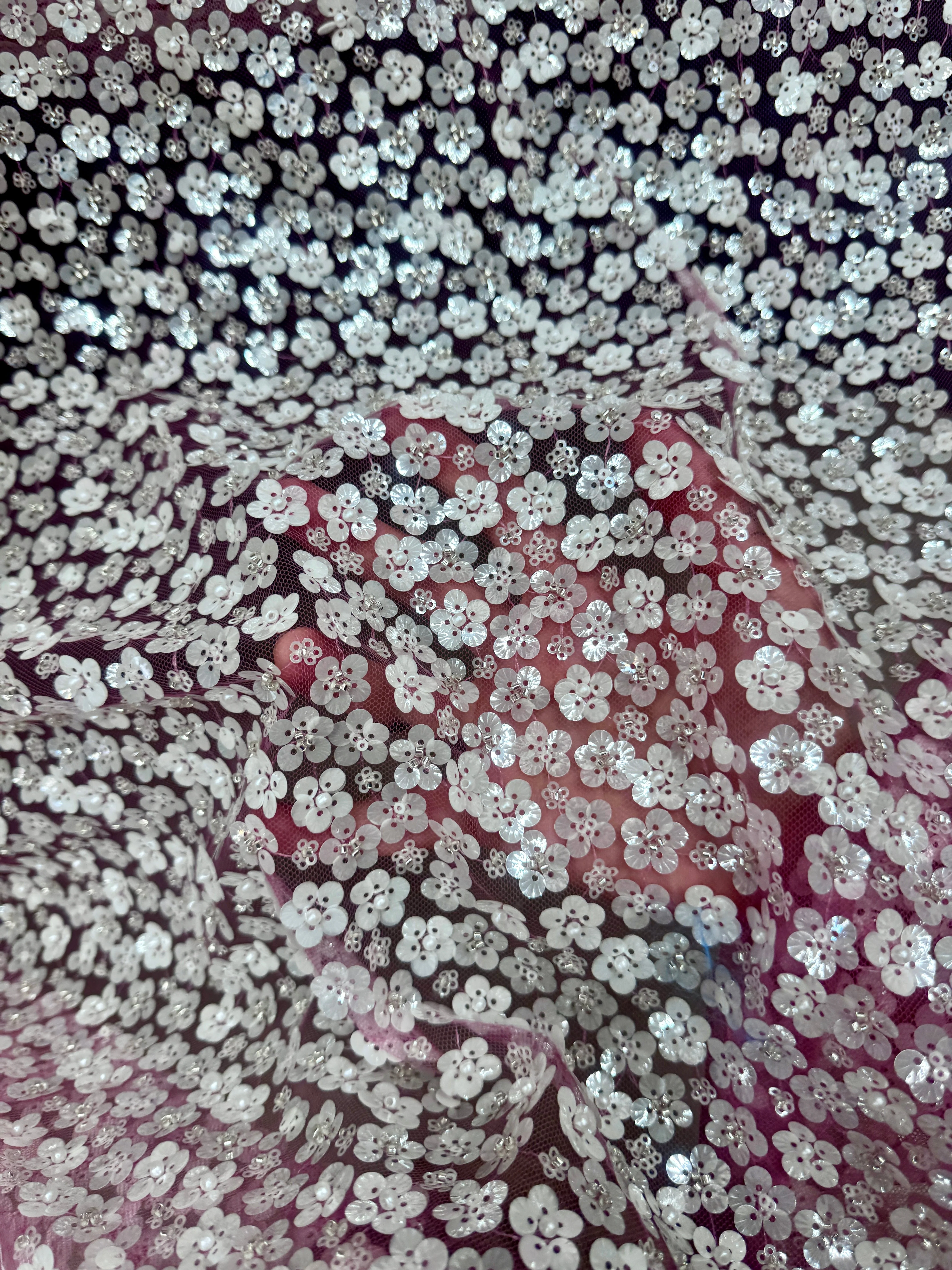 3D White Sequin Flowers on Baby Pink Mesh - Image 7