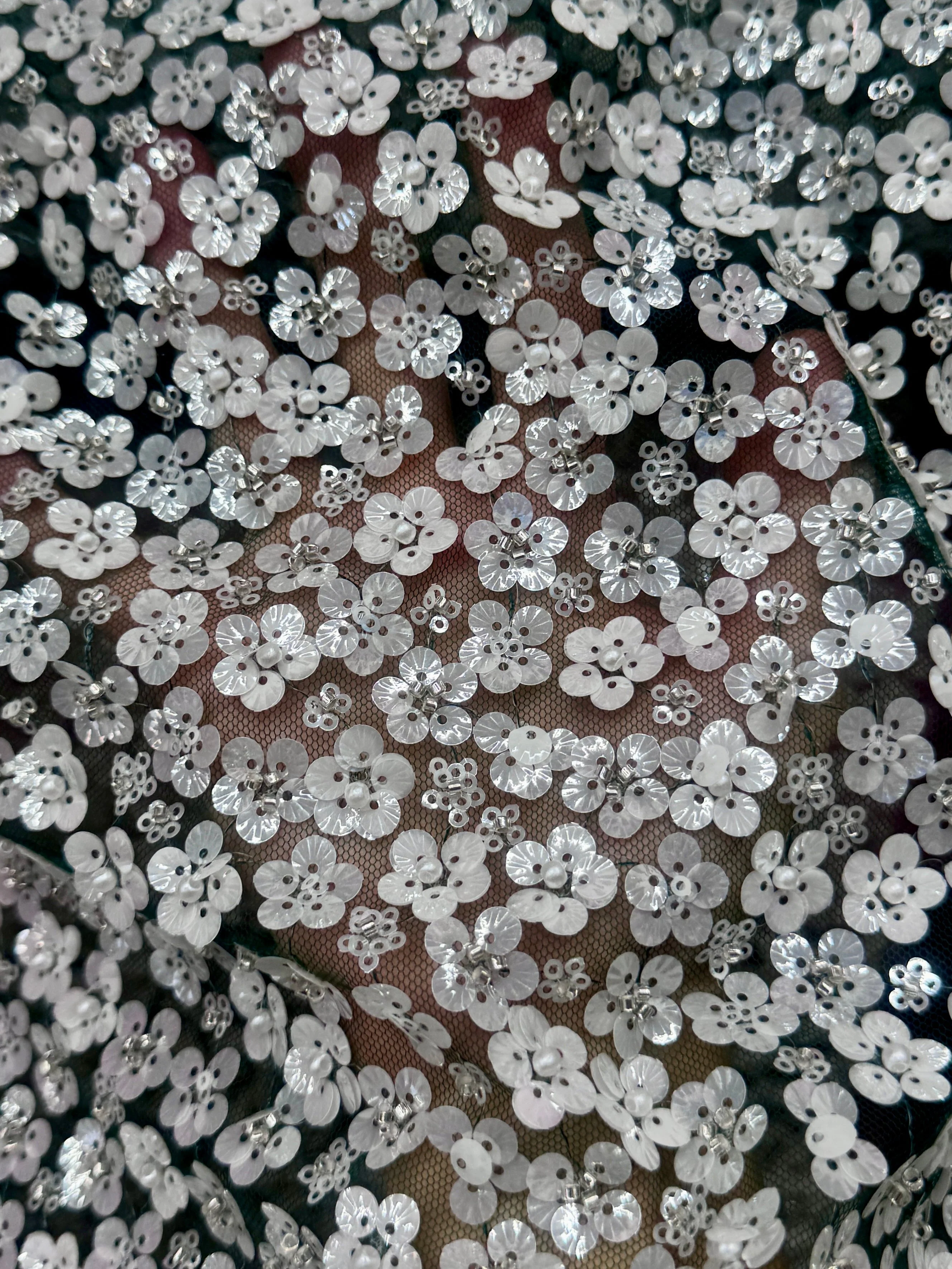 3D White Sequin Flowers on Hunter Green Mesh