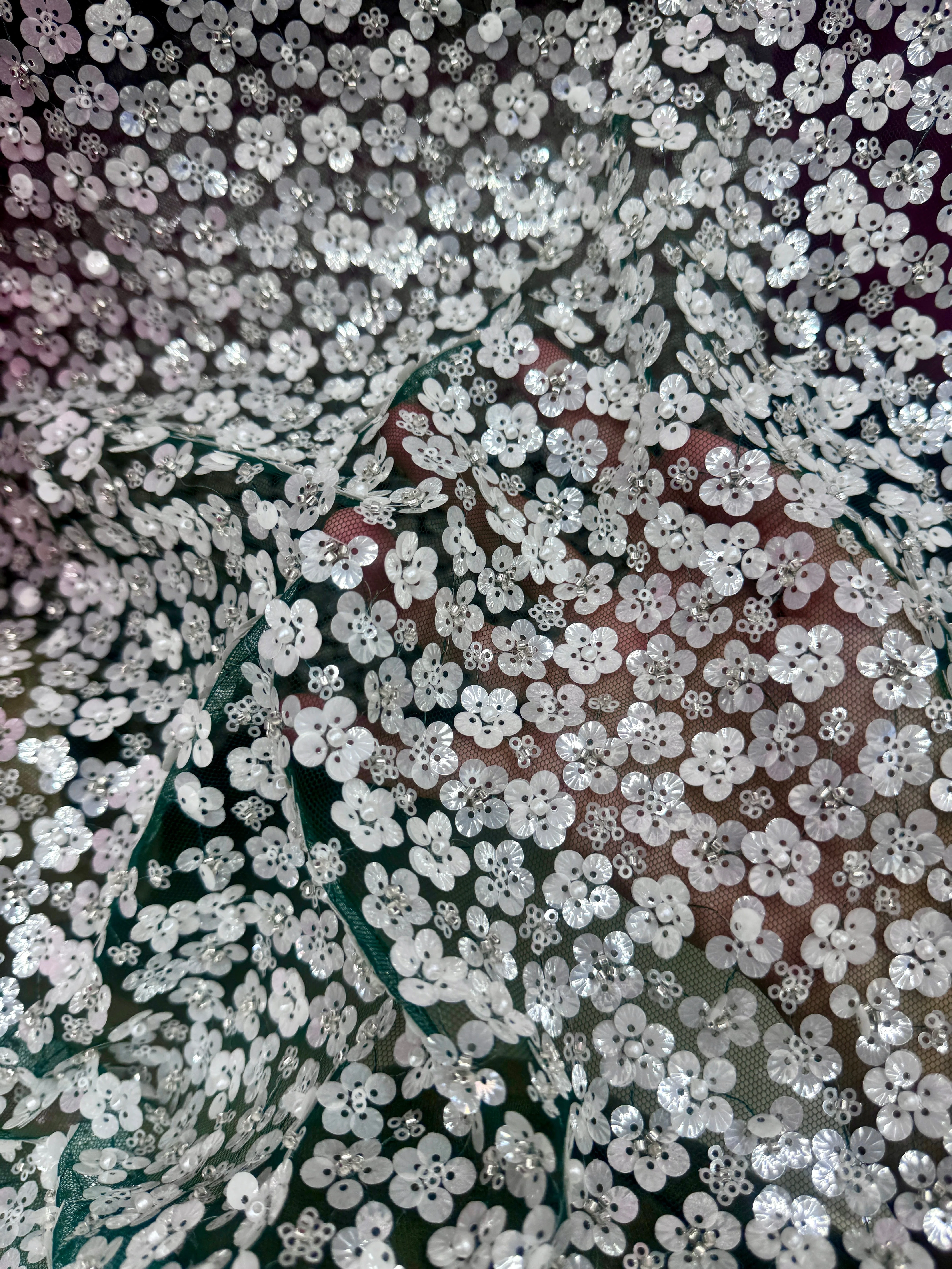 3D White Sequin Flowers on Hunter Green Mesh - Image 4