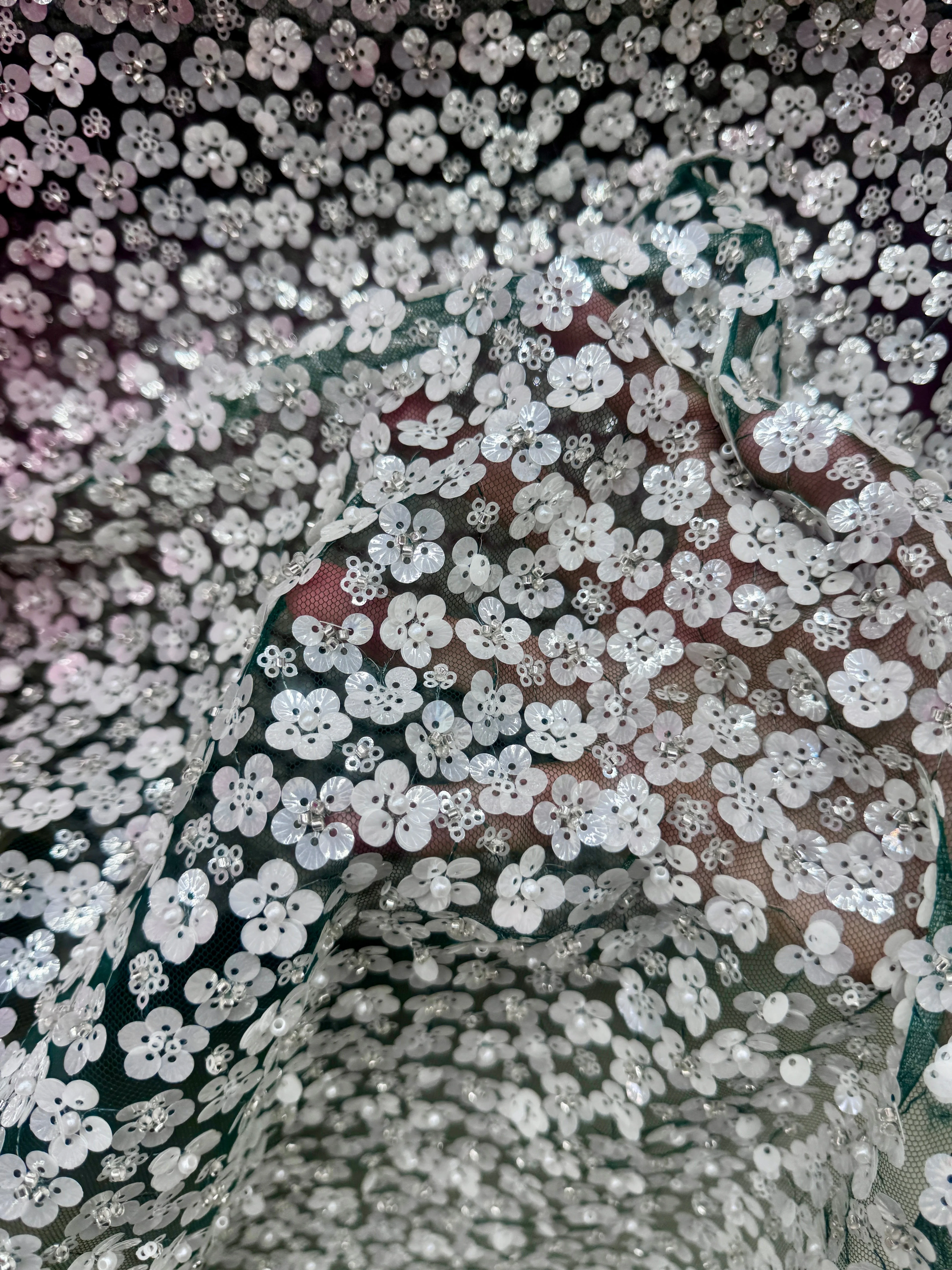 3D White Sequin Flowers on Hunter Green Mesh - Image 5