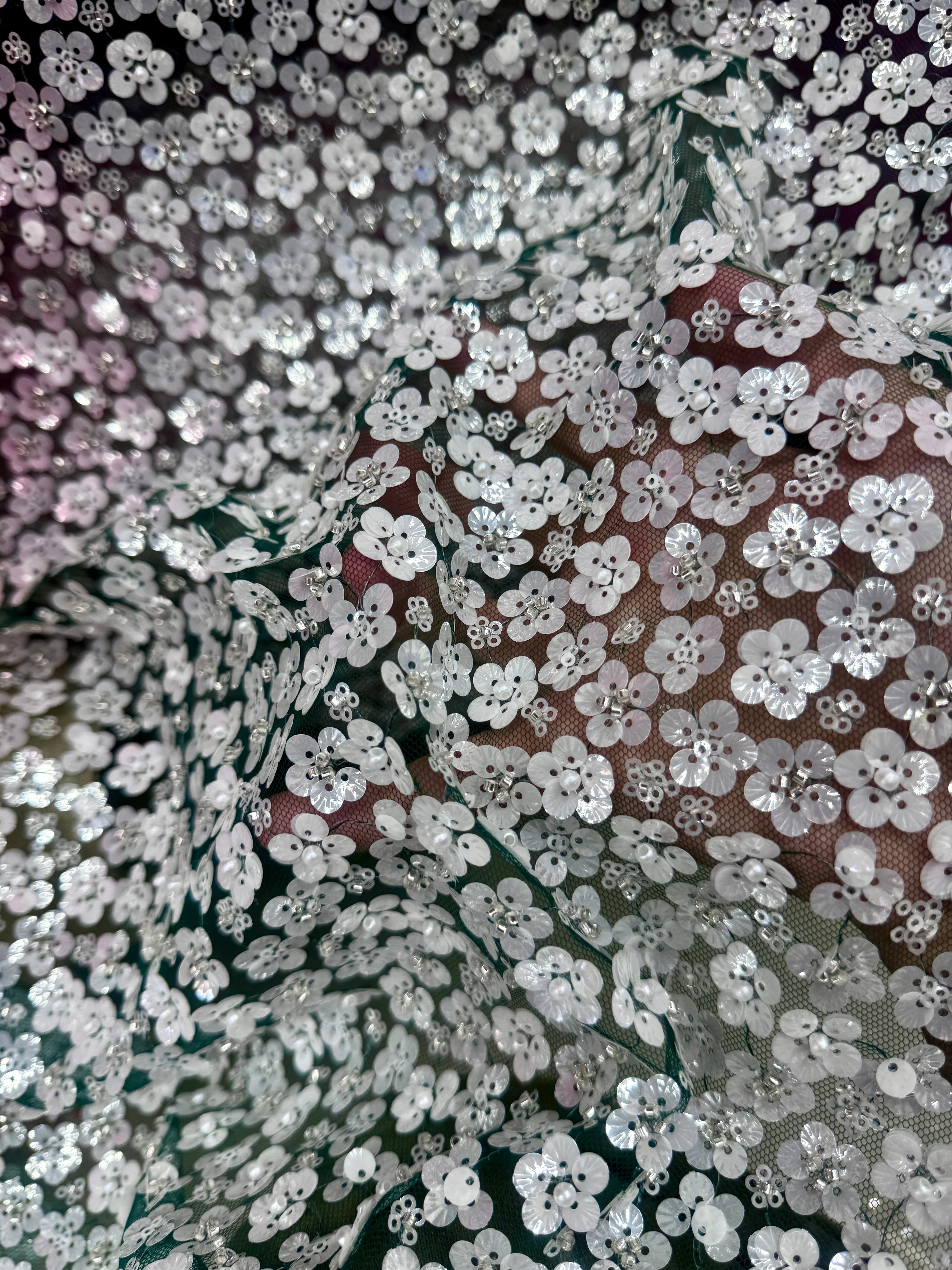 3D White Sequin Flowers on Hunter Green Mesh - Image 6