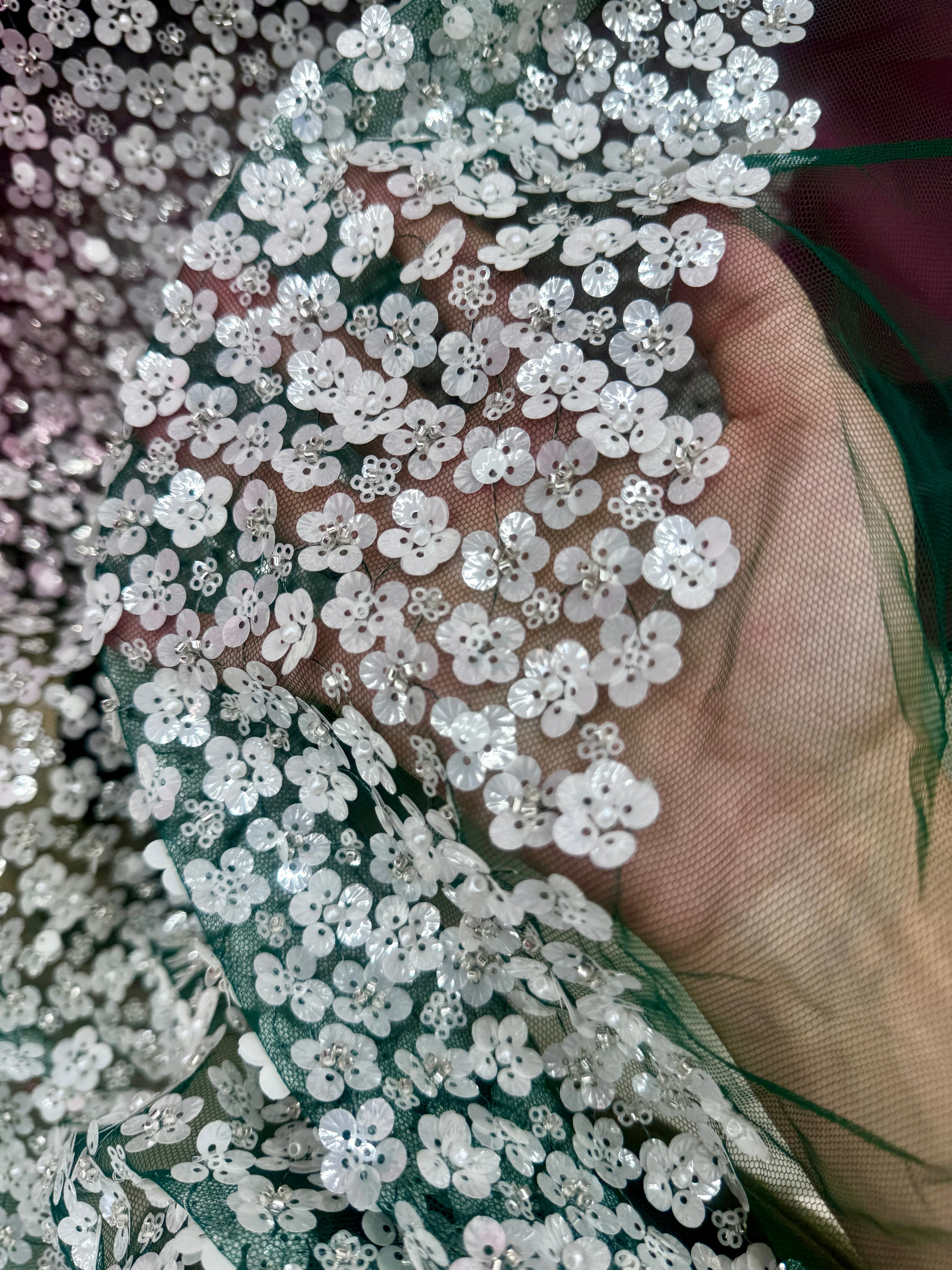 3D White Sequin Flowers on Hunter Green Mesh - Image 7
