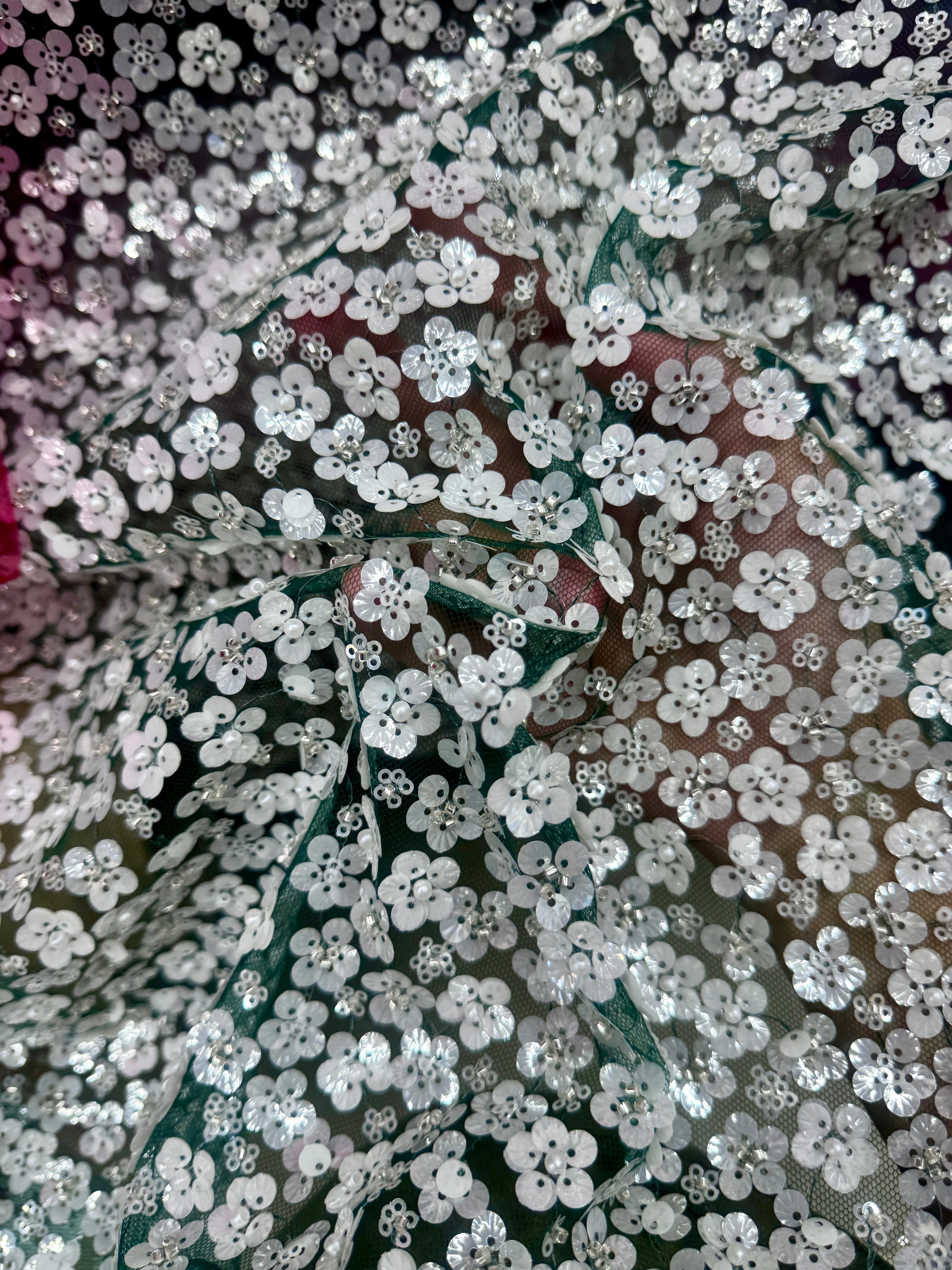 3D White Sequin Flowers on Hunter Green Mesh - Image 8