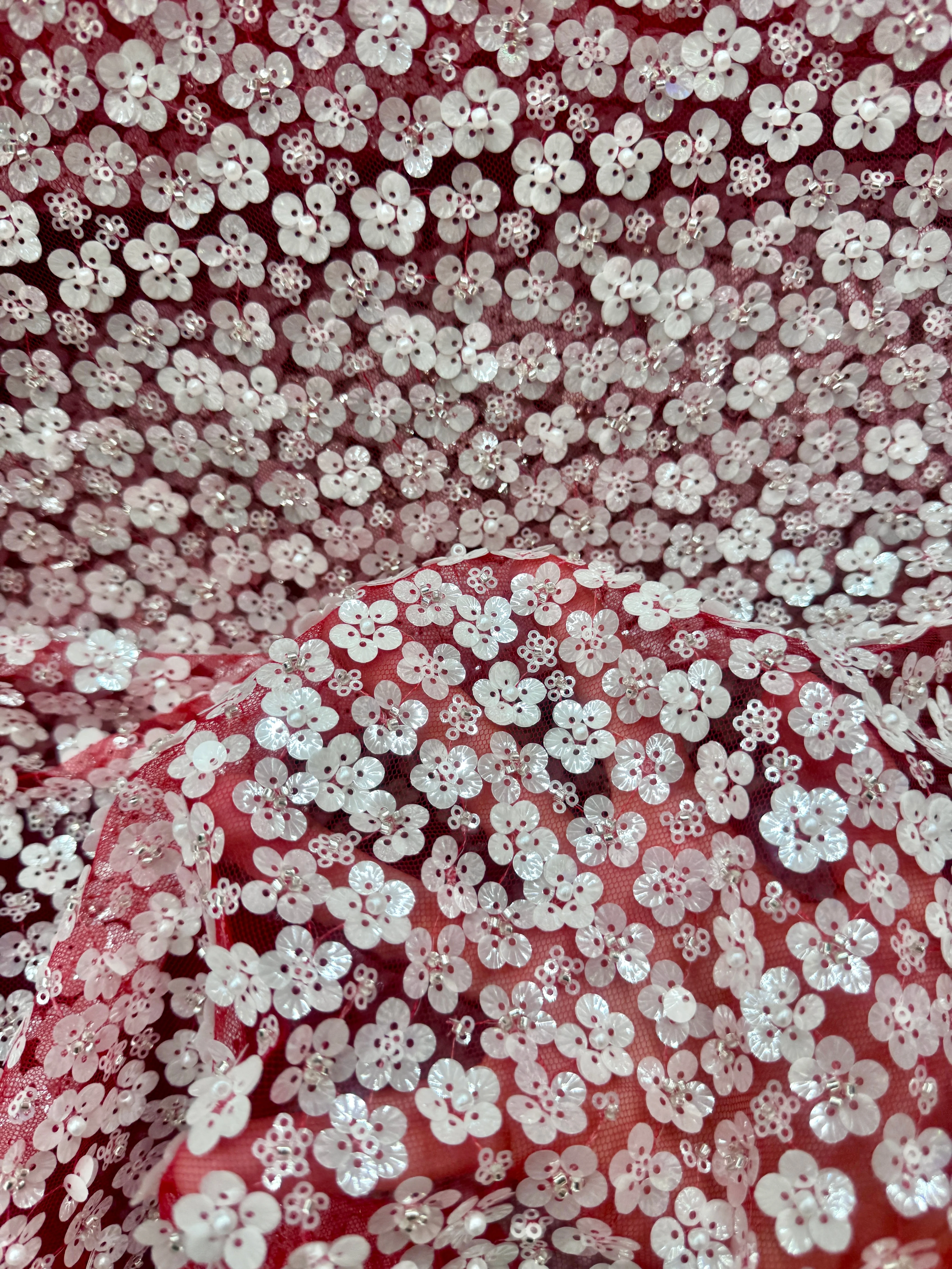 3D White Sequin Flowers on Red Mesh