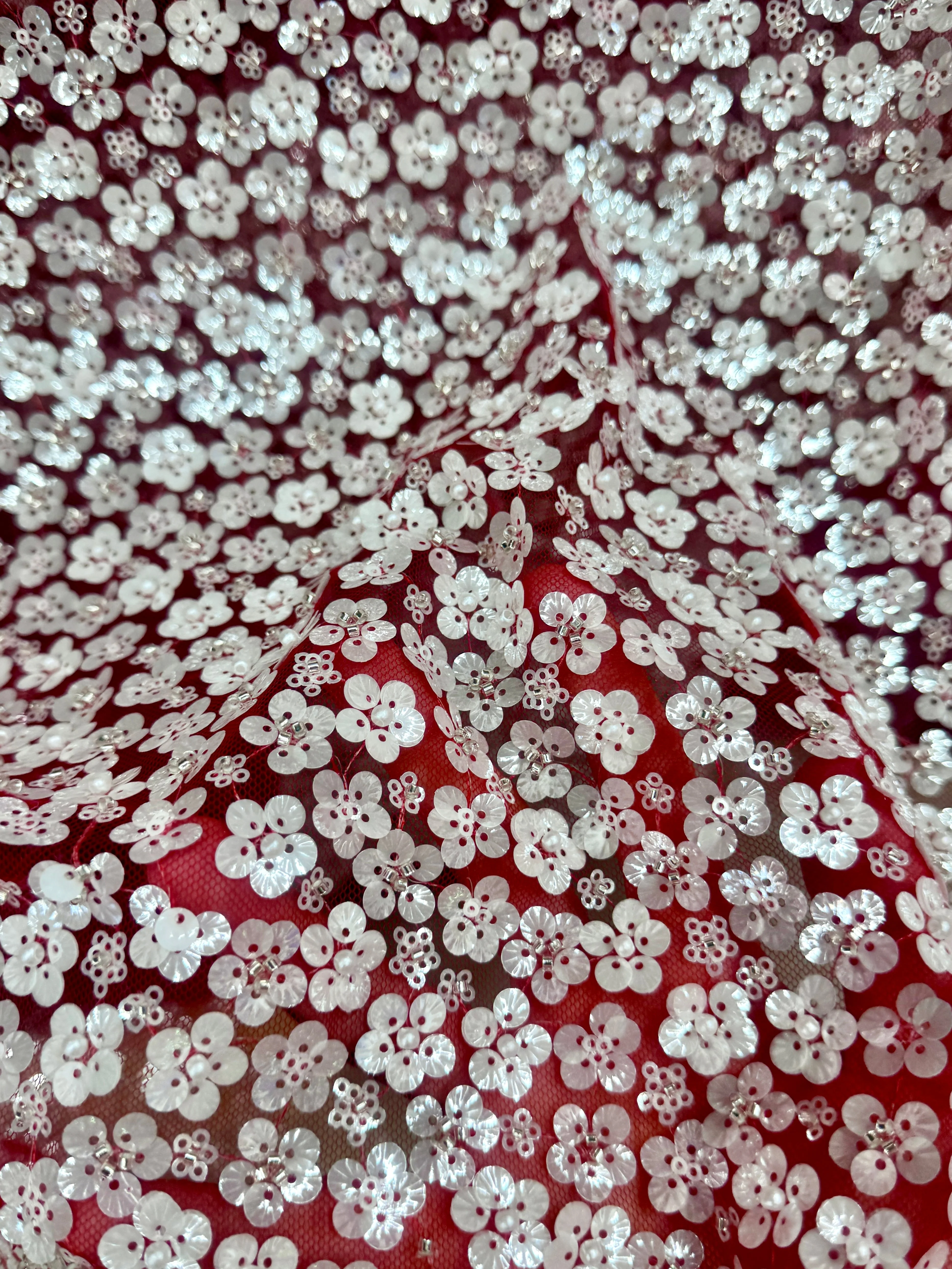 3D White Sequin Flowers on Red Mesh - Image 2