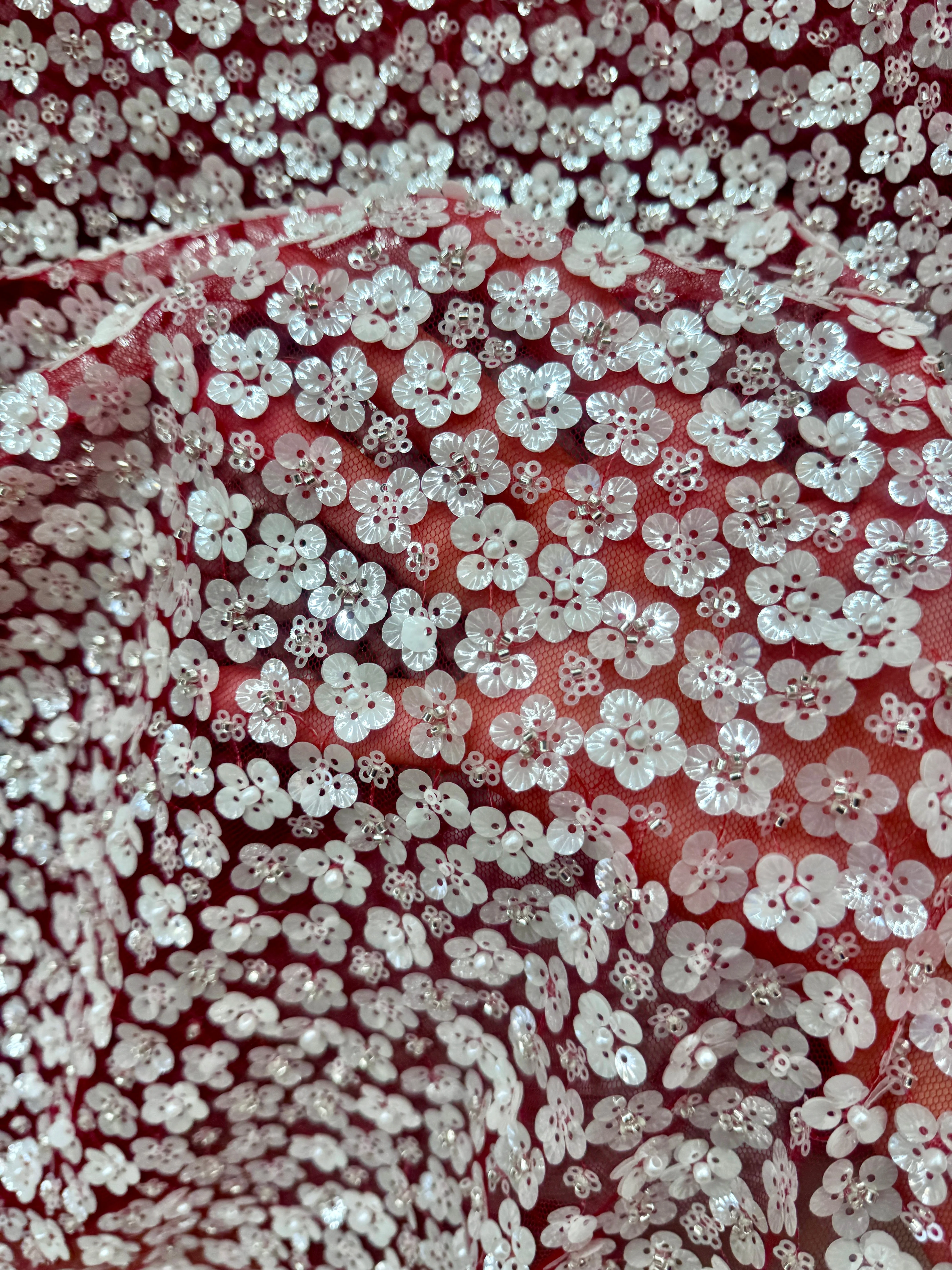 3D White Sequin Flowers on Red Mesh - Image 3