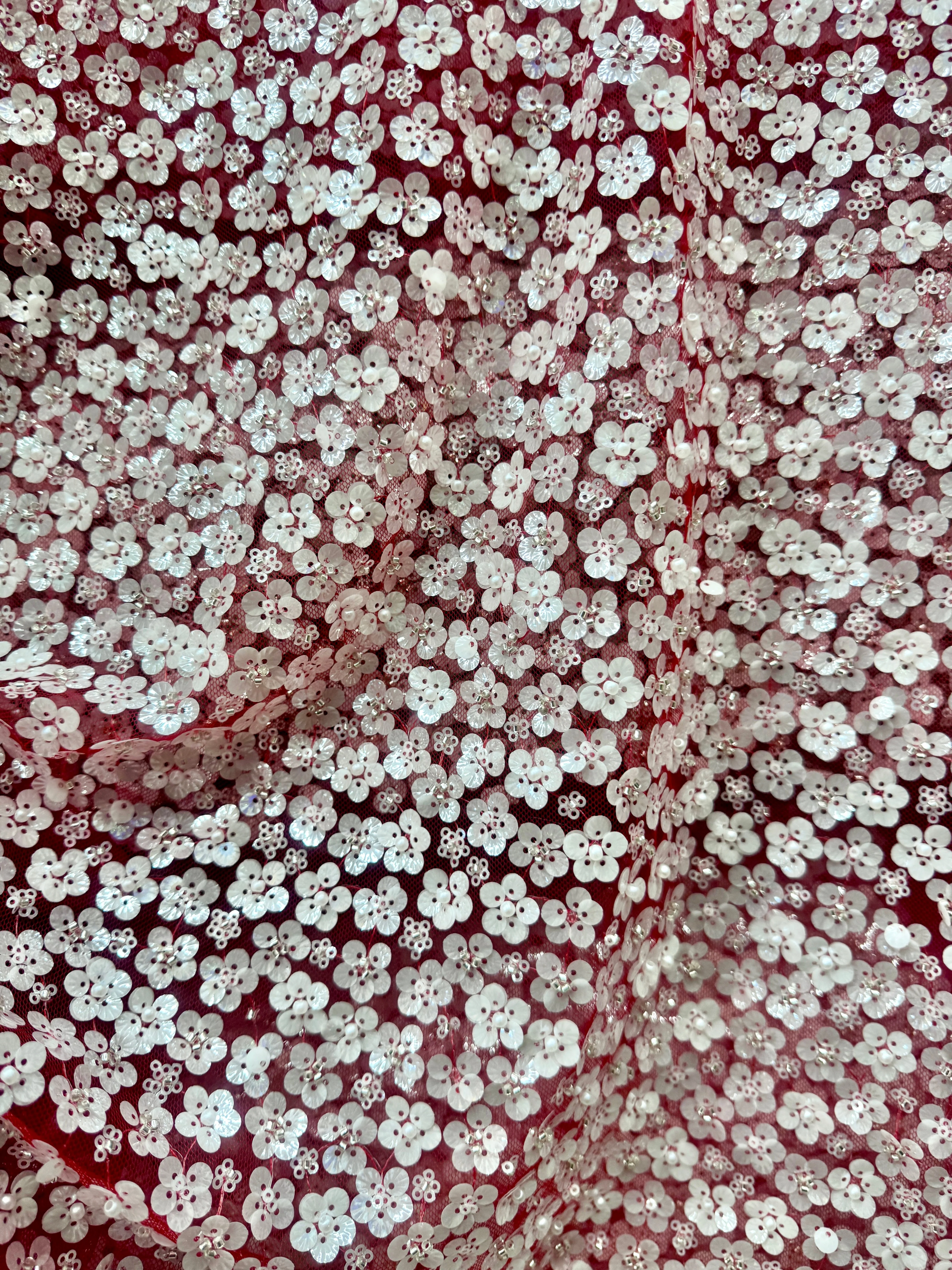 3D White Sequin Flowers on Red Mesh - Image 4