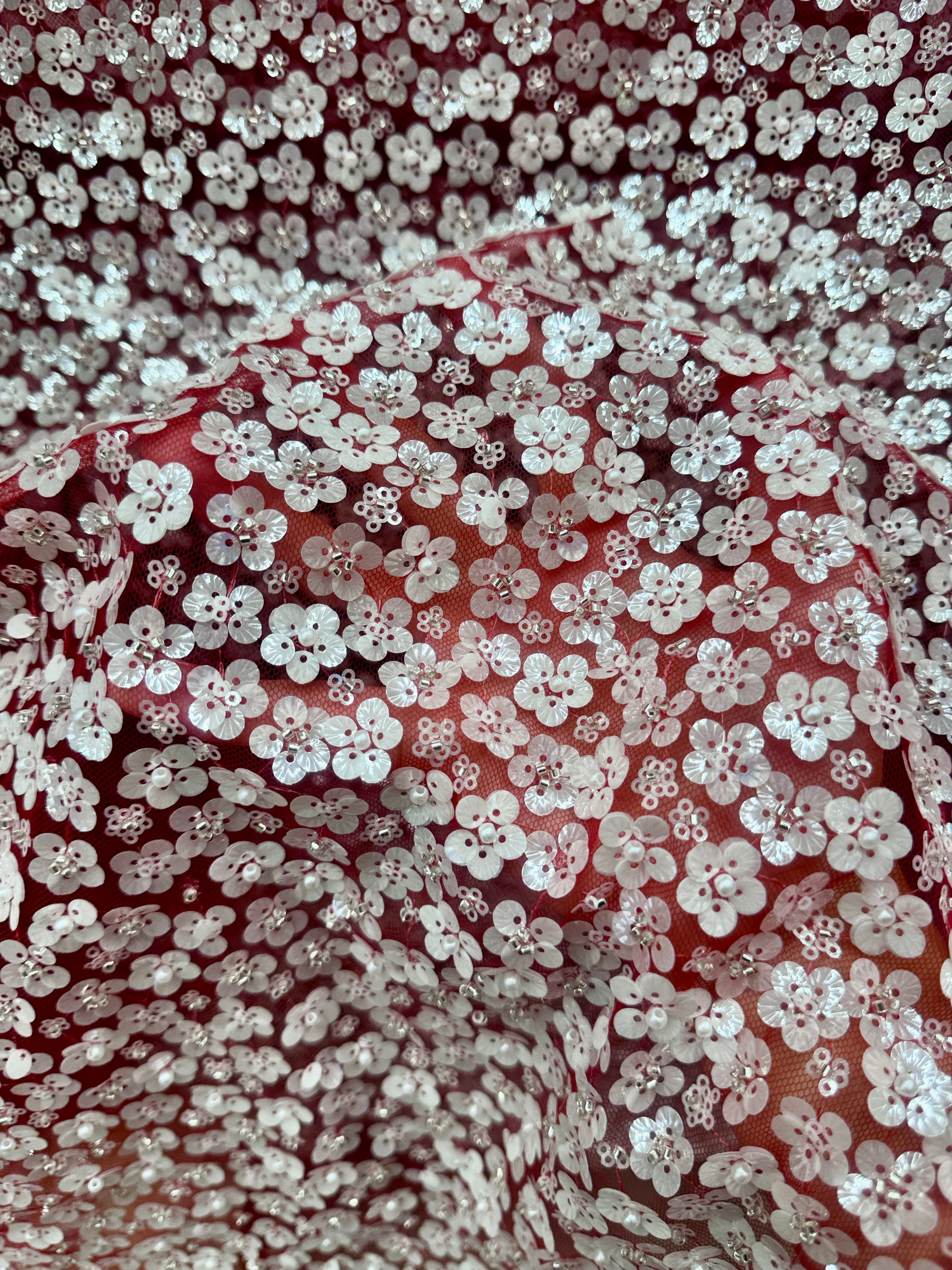 3D White Sequin Flowers on Red Mesh - Image 5