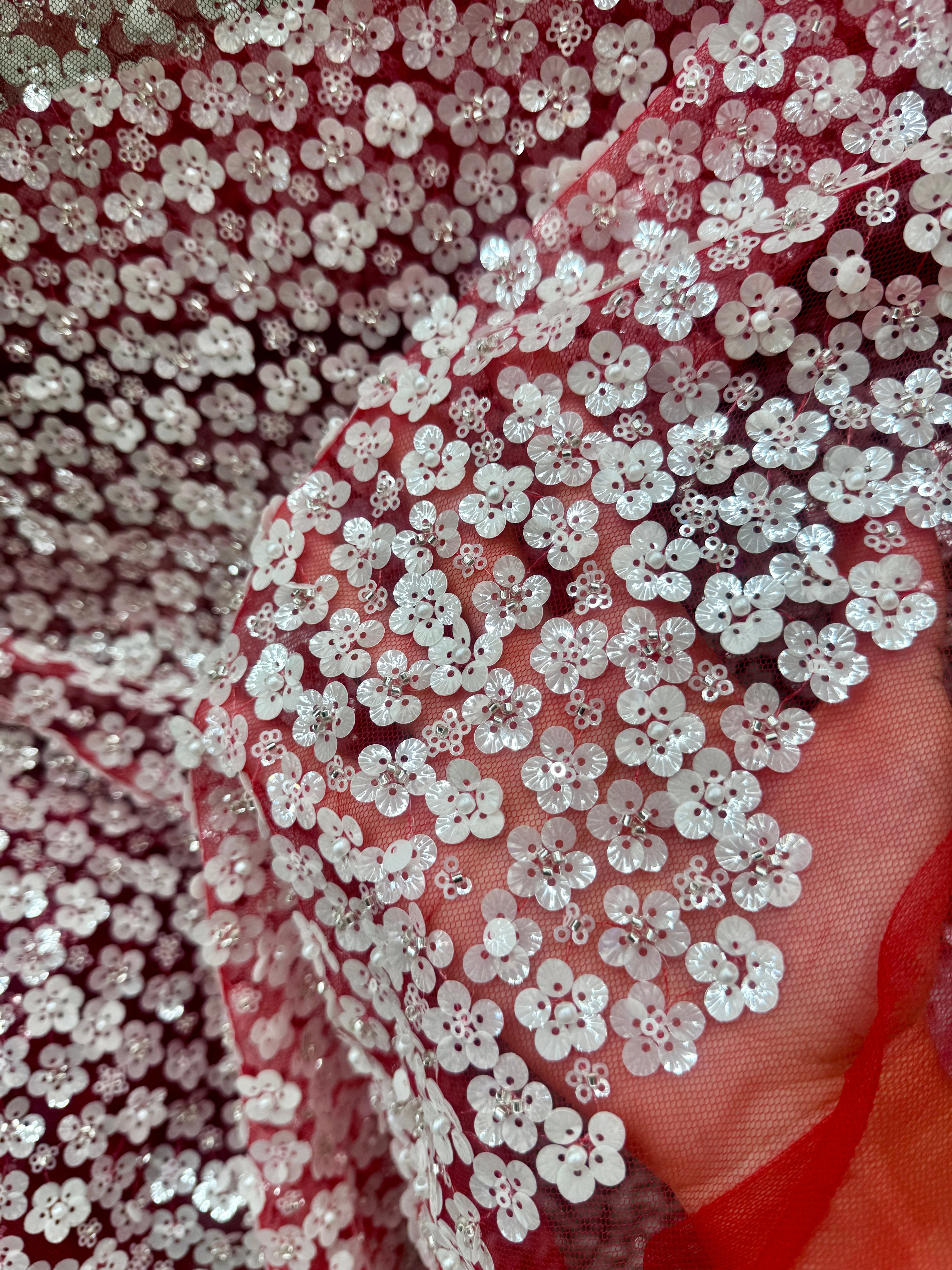 3D White Sequin Flowers on Red Mesh - Image 6