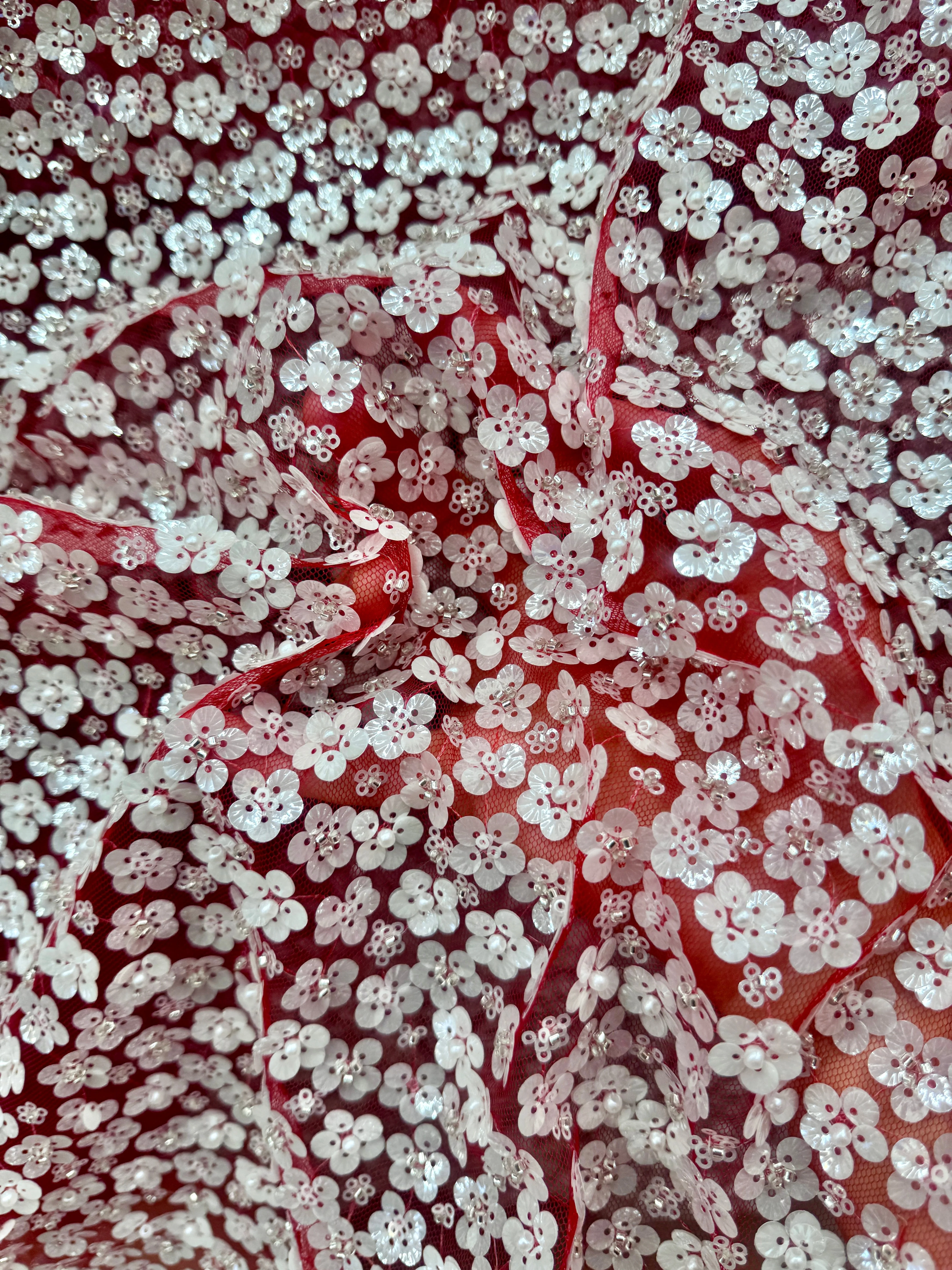3D White Sequin Flowers on Red Mesh - Image 7
