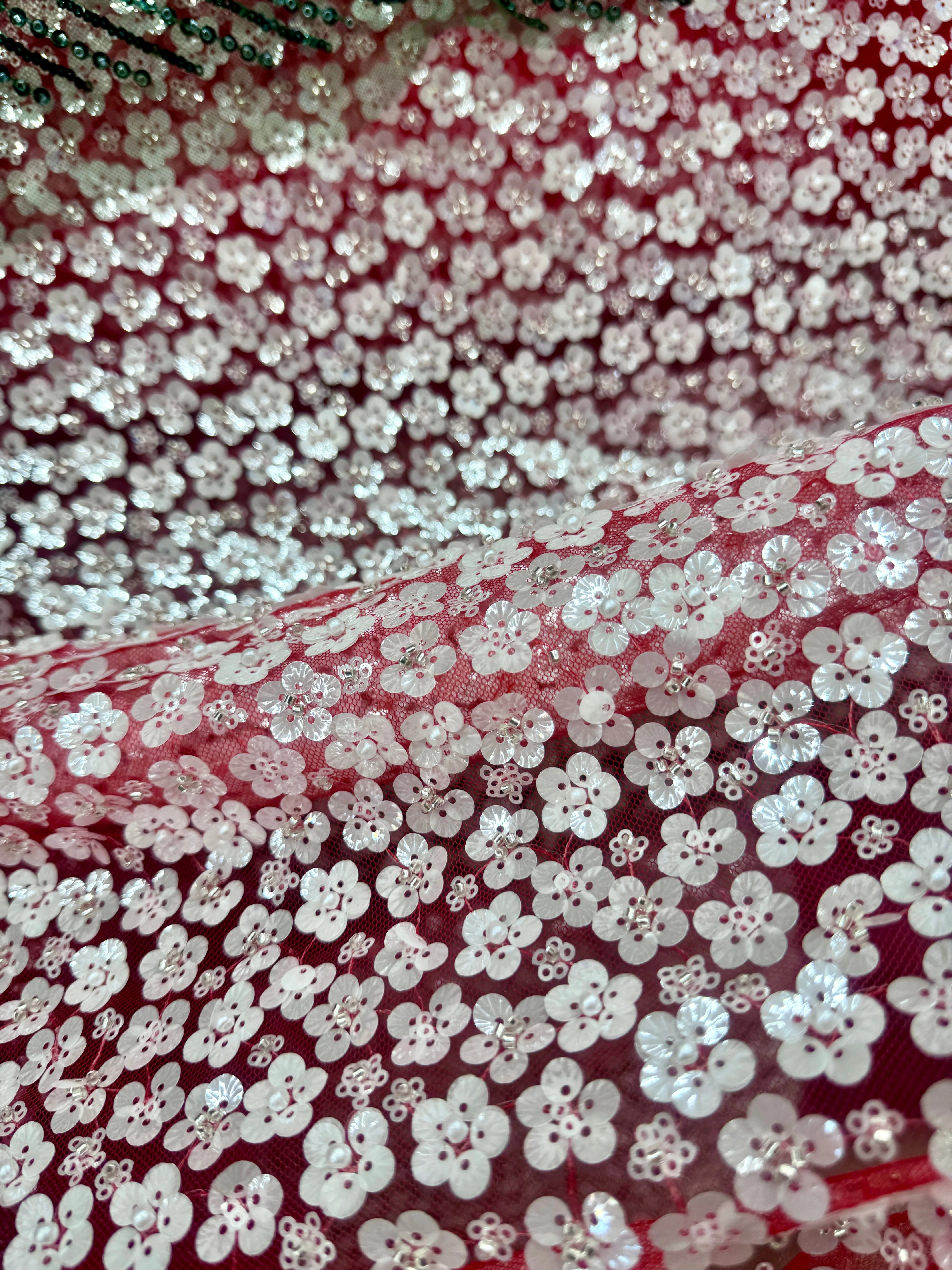 3D White Sequin Flowers on Red Mesh - Image 8