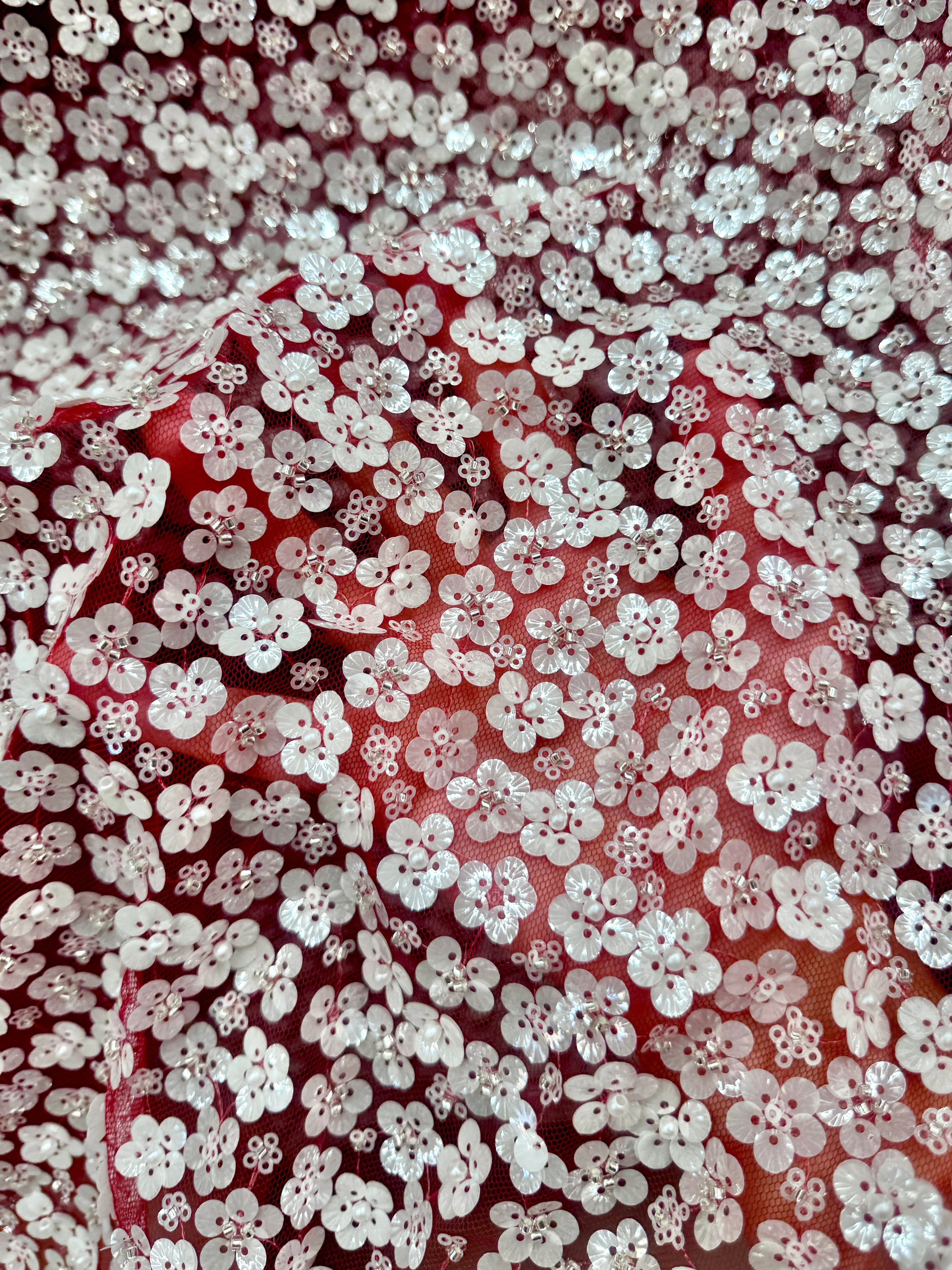 3D White Sequin Flowers on Red Mesh - Image 9