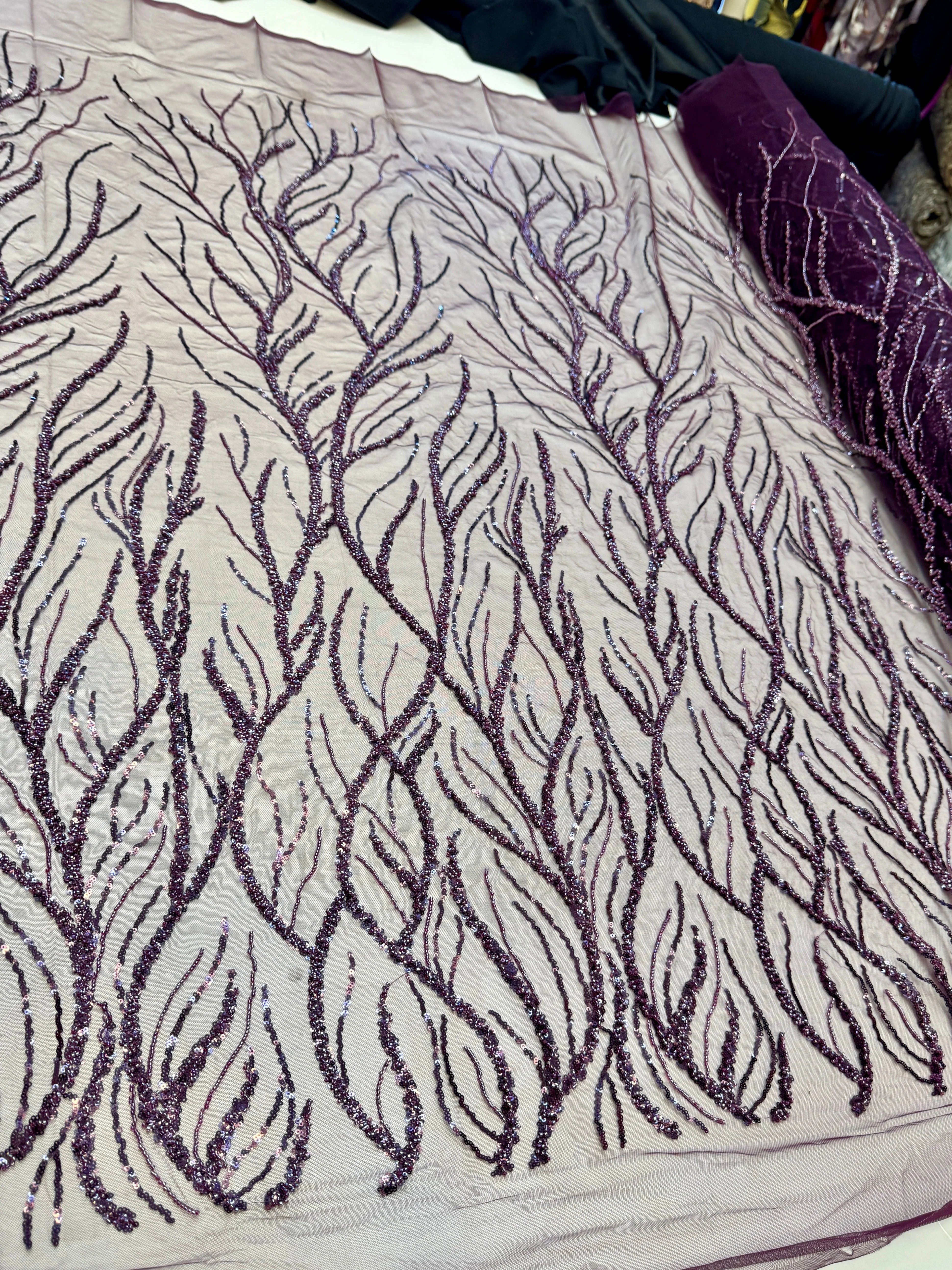 Lavender Abstract Branch Beaded Sequin Lace on Mesh - Image 3
