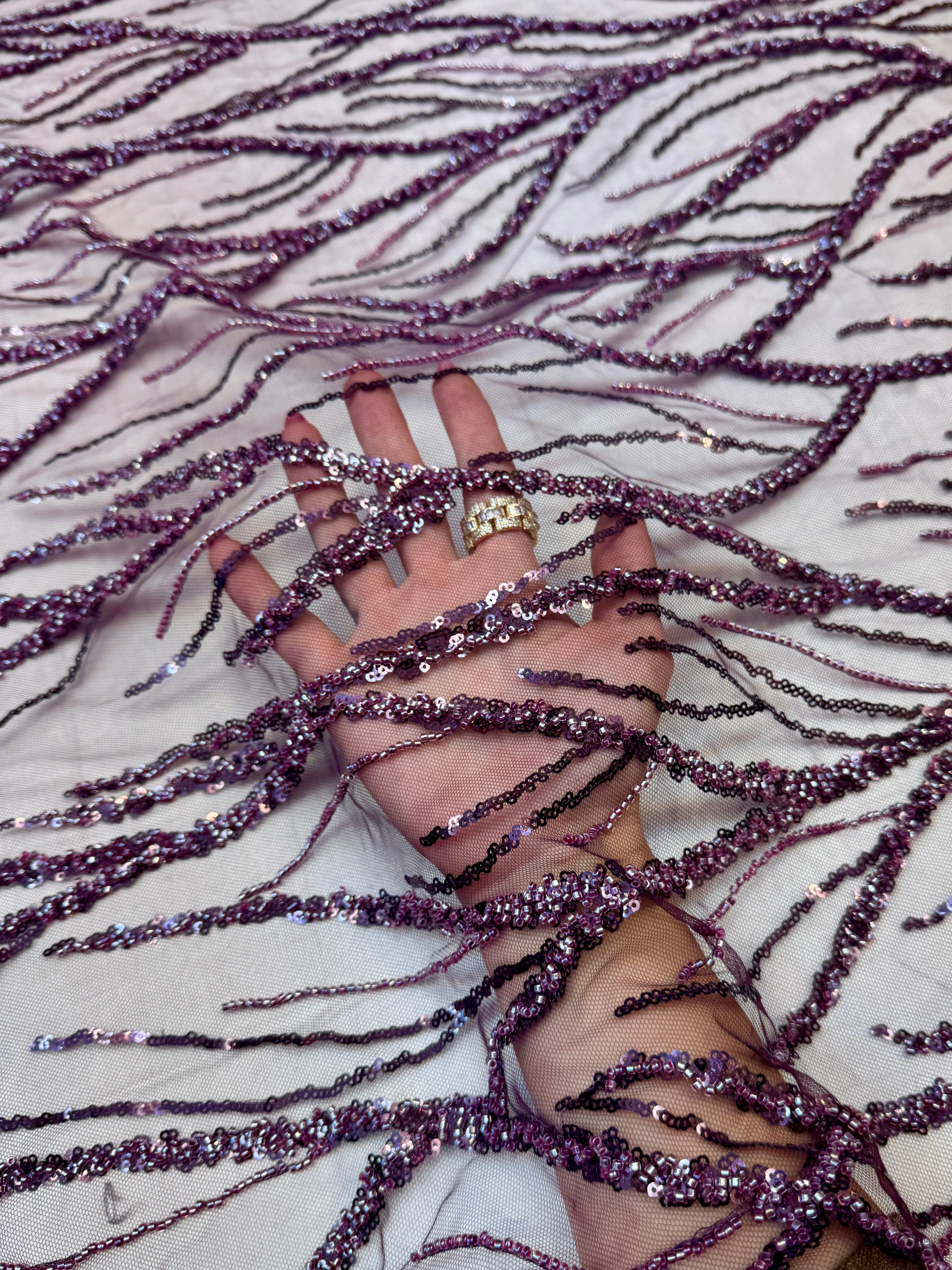 Lavender Abstract Branch Beaded Sequin Lace on Mesh - Image 4