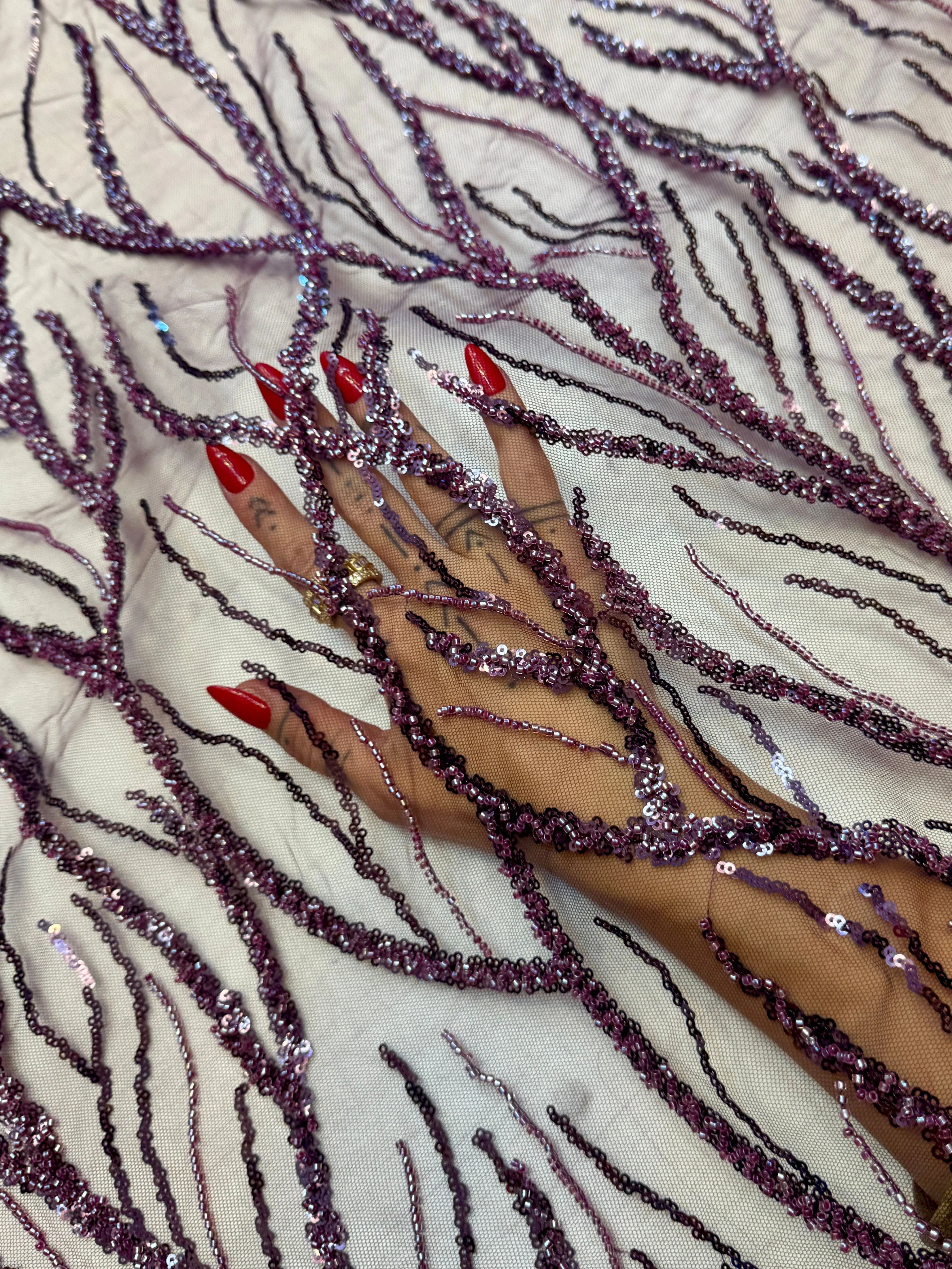 Lavender Abstract Branch Beaded Sequin Lace on Mesh - Image 5