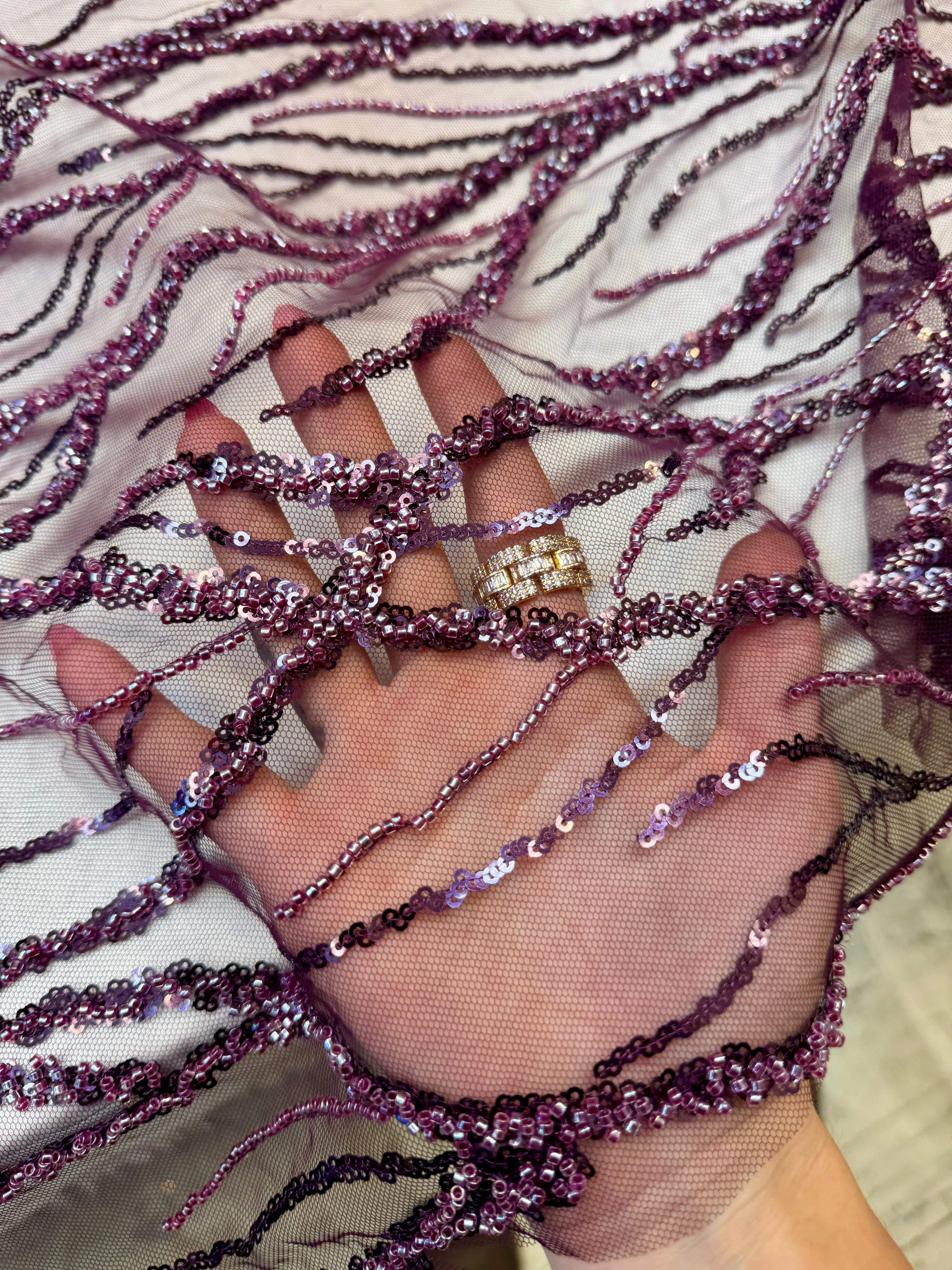 Lavender Abstract Branch Beaded Sequin Lace on Mesh - Image 6