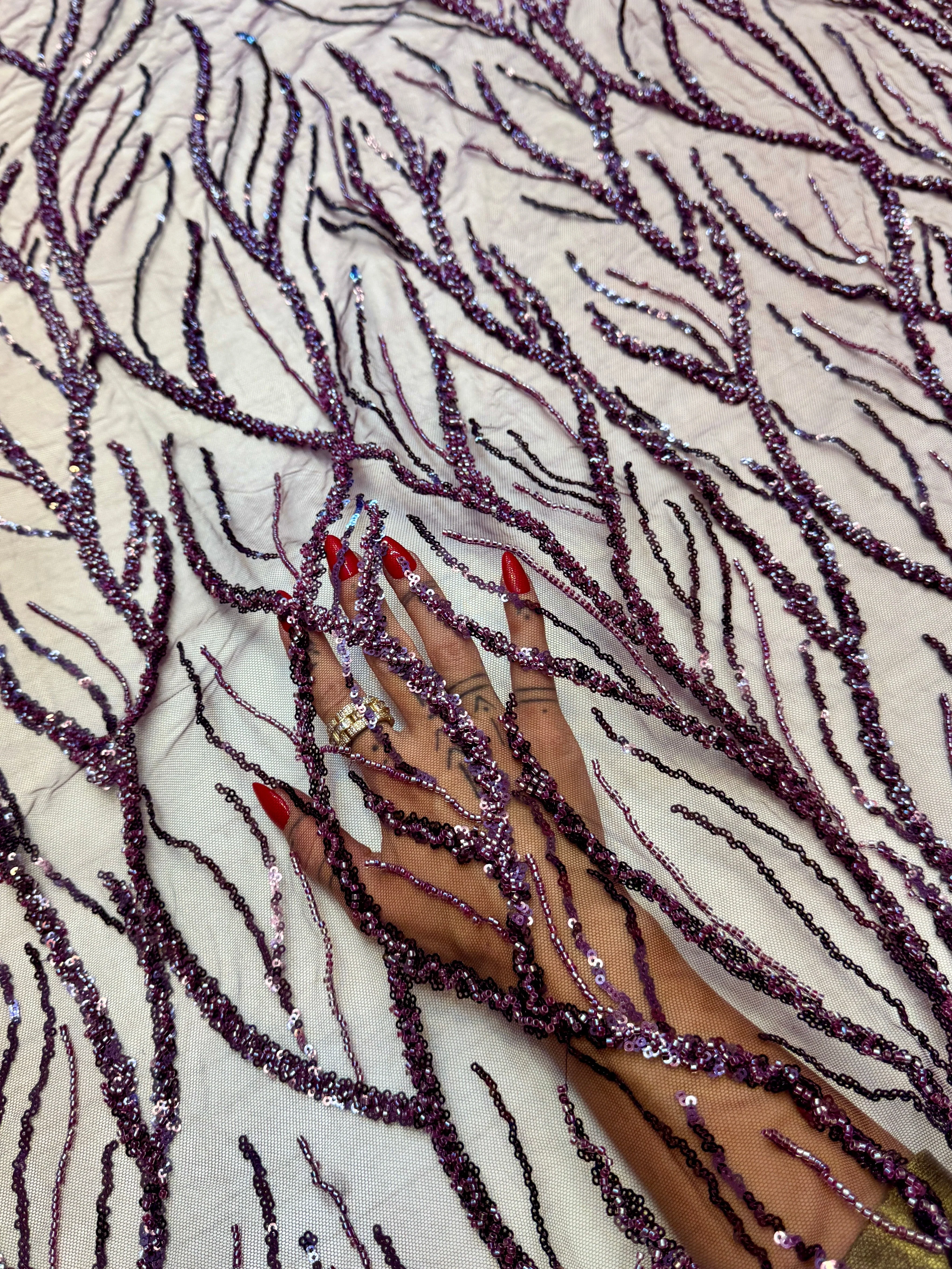 Lavender Abstract Branch Beaded Sequin Lace on Mesh - Image 7