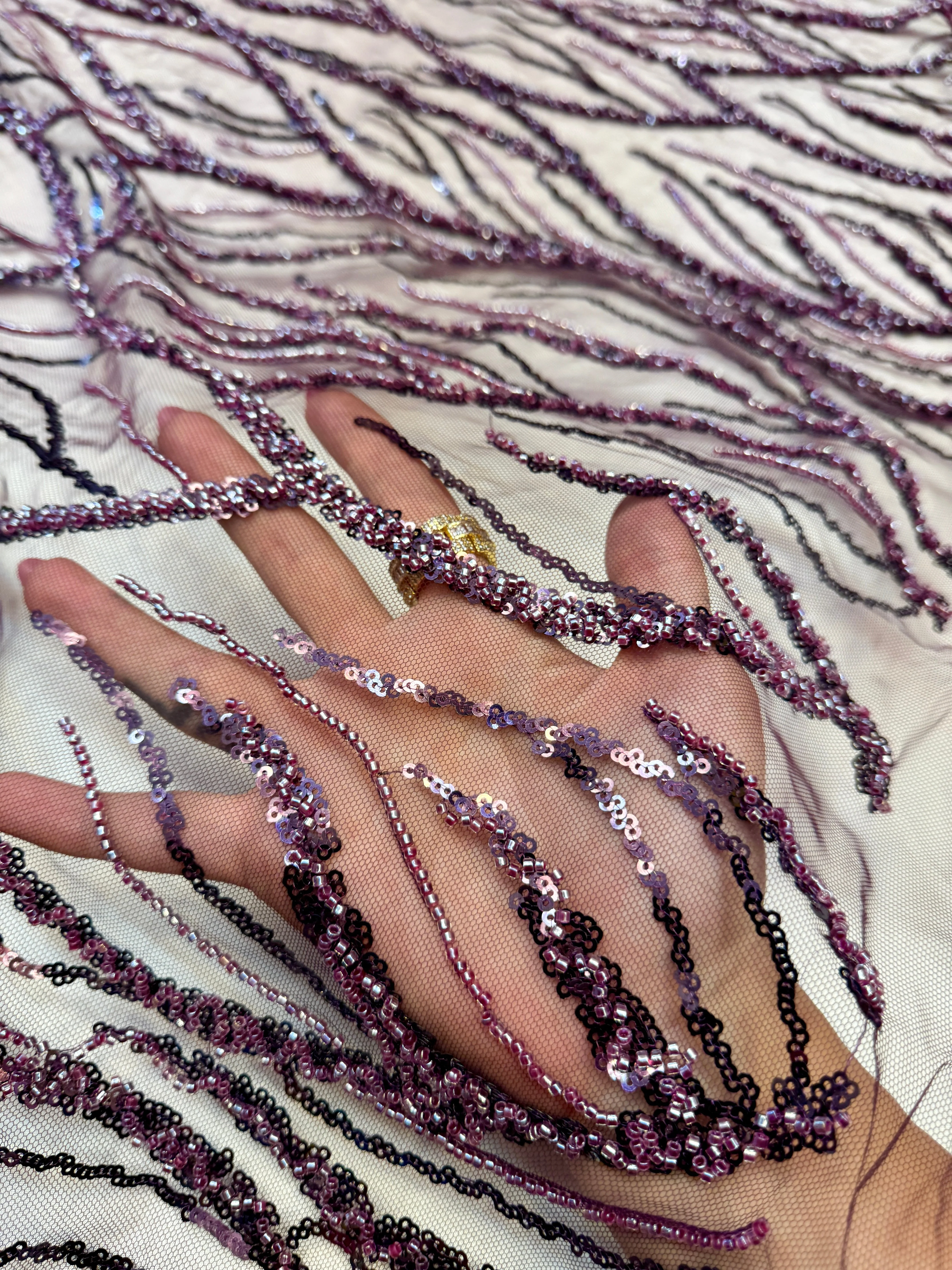 Lavender Abstract Branch Beaded Sequin Lace on Mesh - Image 8