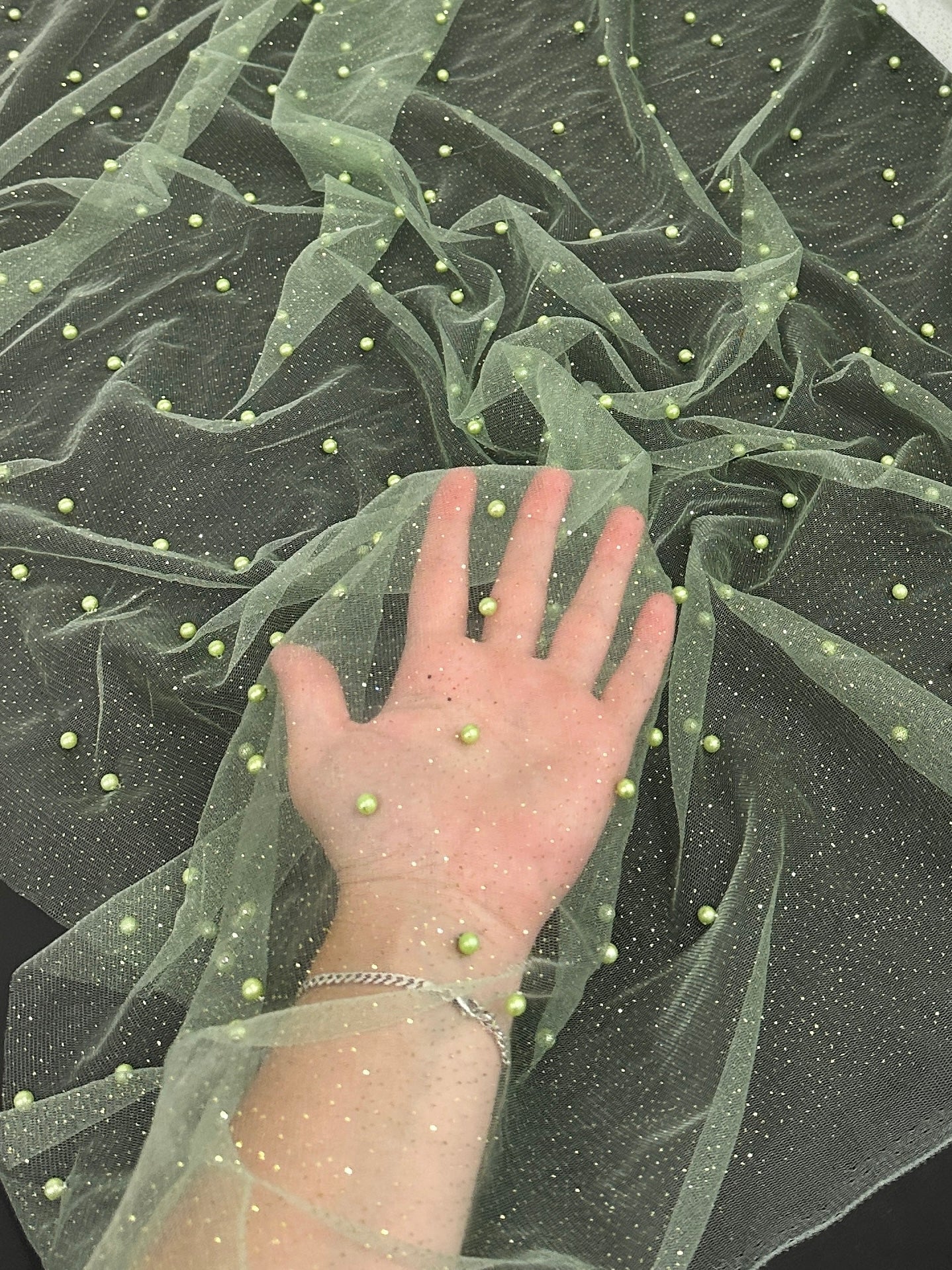Apple Green Pearl Beaded Glittery Mesh/Tulle - Image 10
