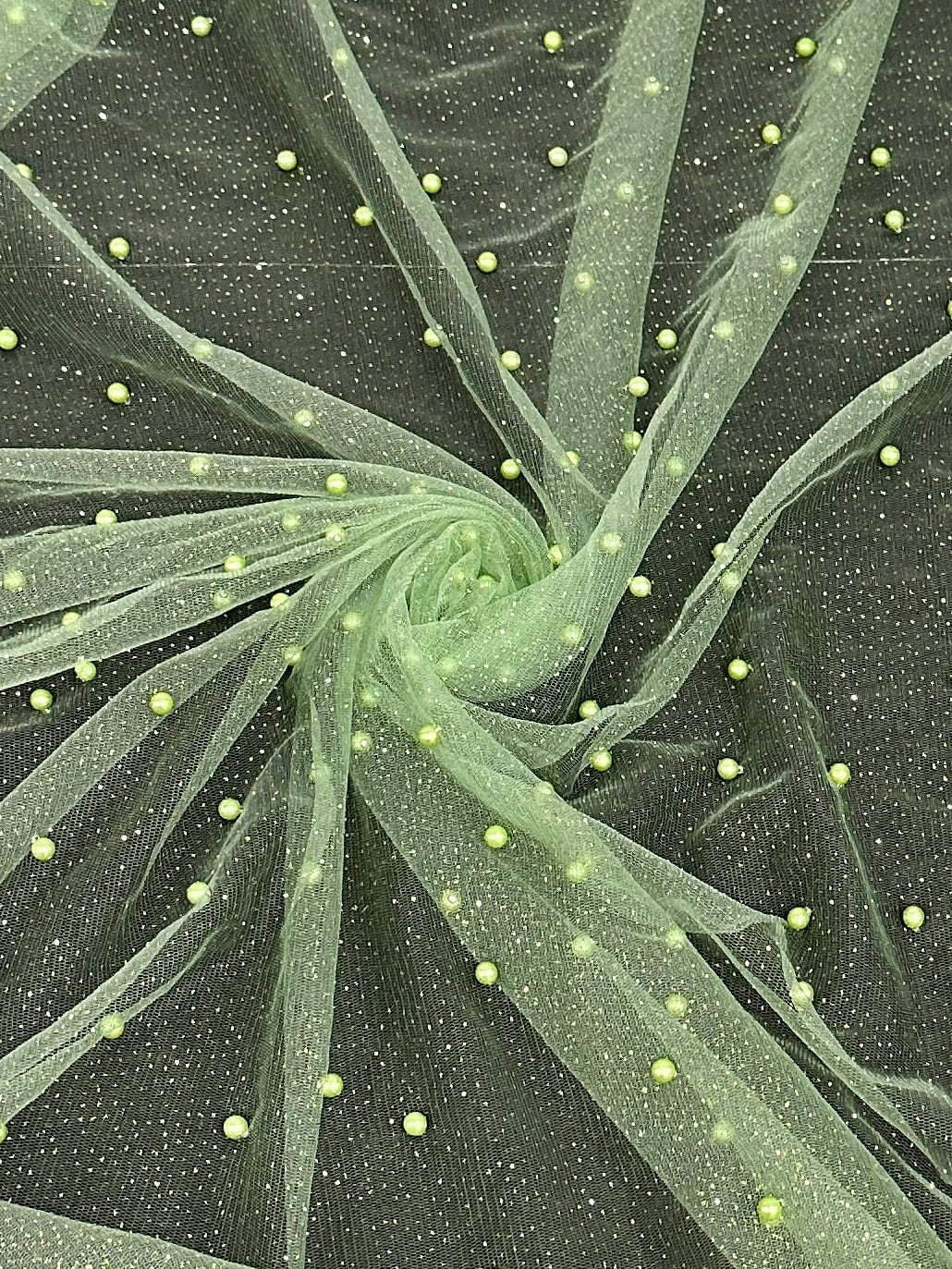 Apple Green Pearl Beaded Glittery Mesh/Tulle - Image 2