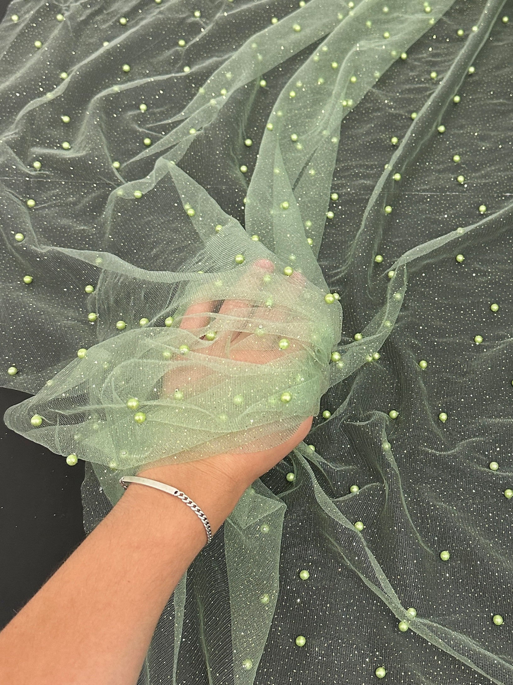 Apple Green Pearl Beaded Glittery Mesh/Tulle - Image 3