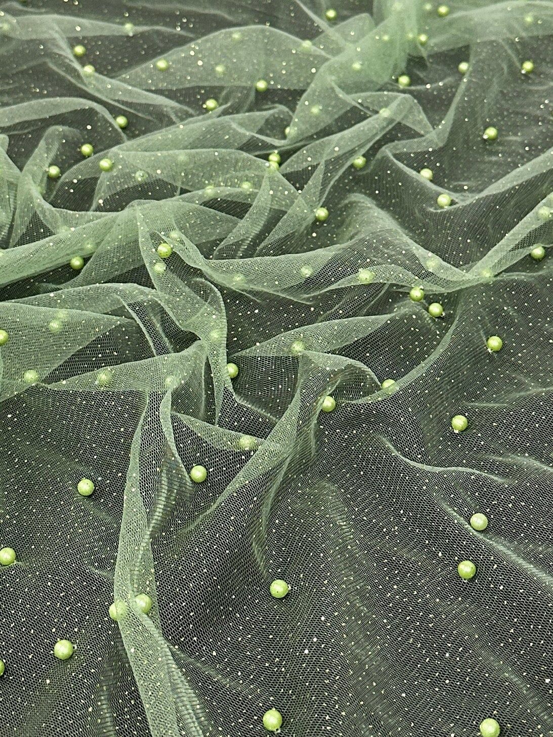 Apple Green Pearl Beaded Glittery Mesh/Tulle - Image 4