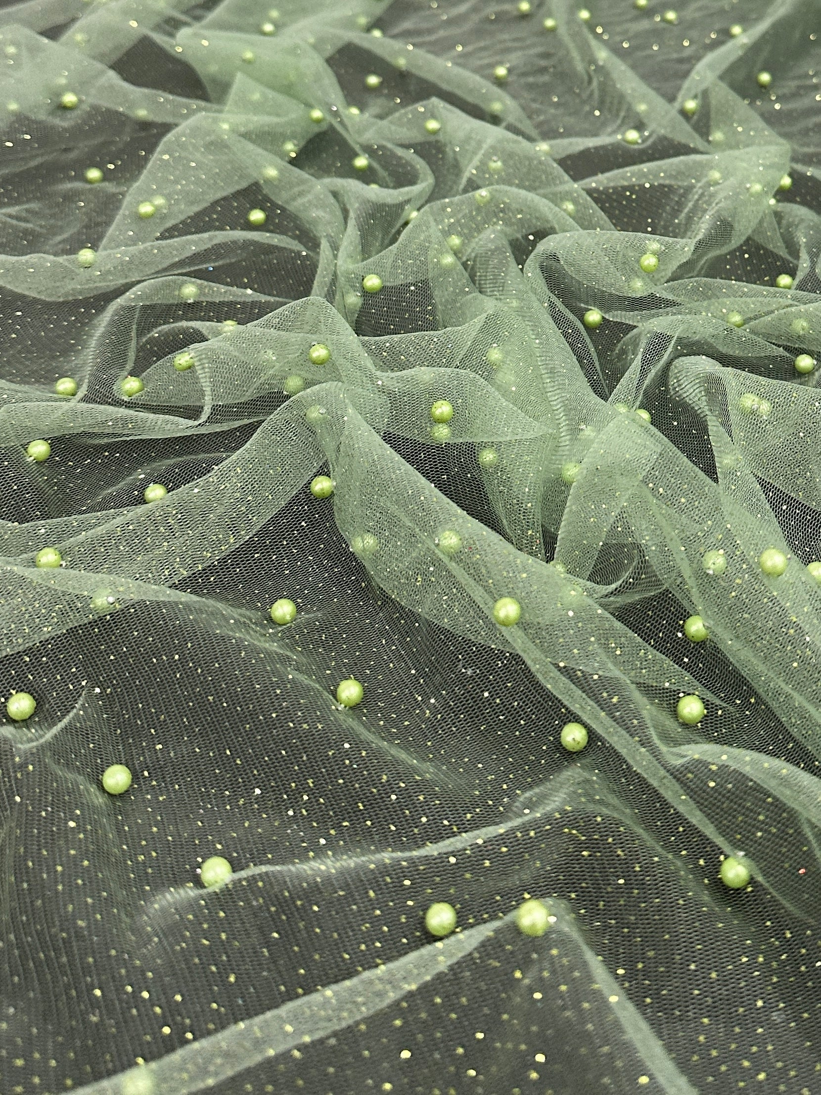 Apple Green Pearl Beaded Glittery Mesh/Tulle - Image 5