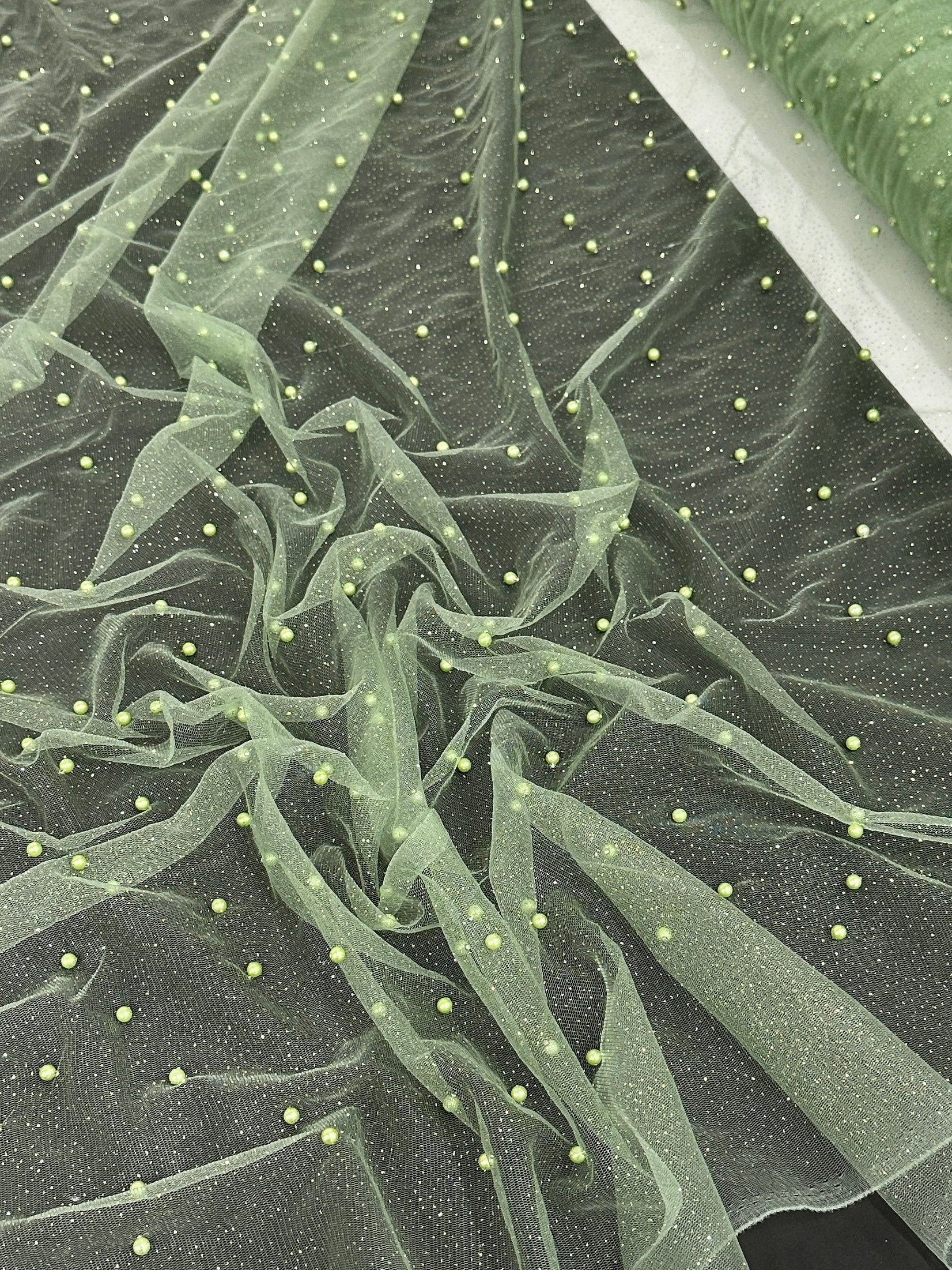 Apple Green Pearl Beaded Glittery Mesh/Tulle - Image 6