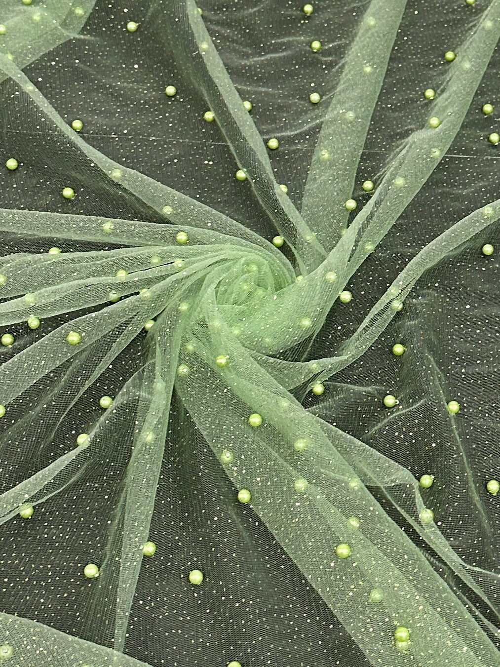 Apple Green Pearl Beaded Glittery Mesh/Tulle - Image 7