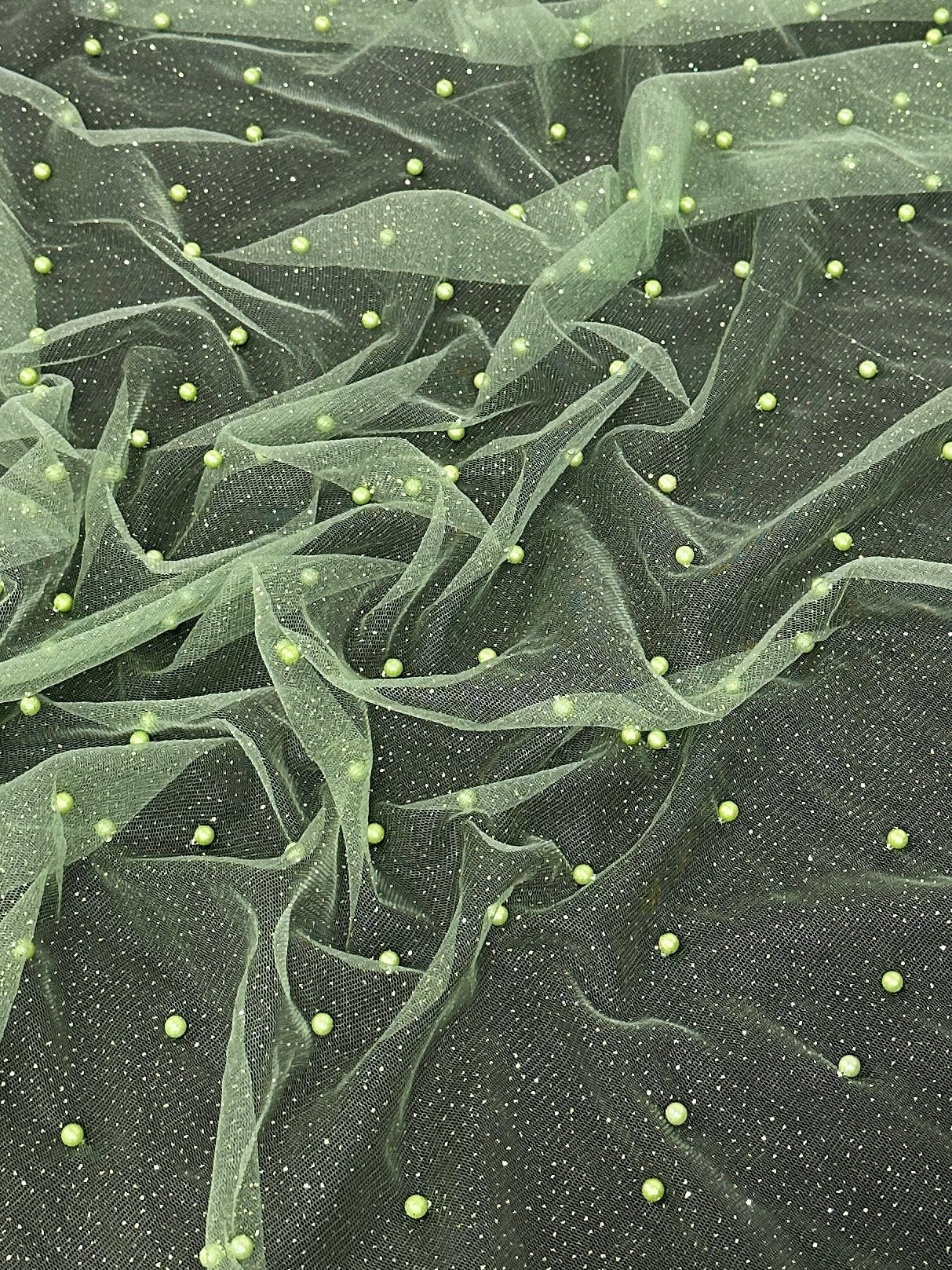 Apple Green Pearl Beaded Glittery Mesh/Tulle - Image 8