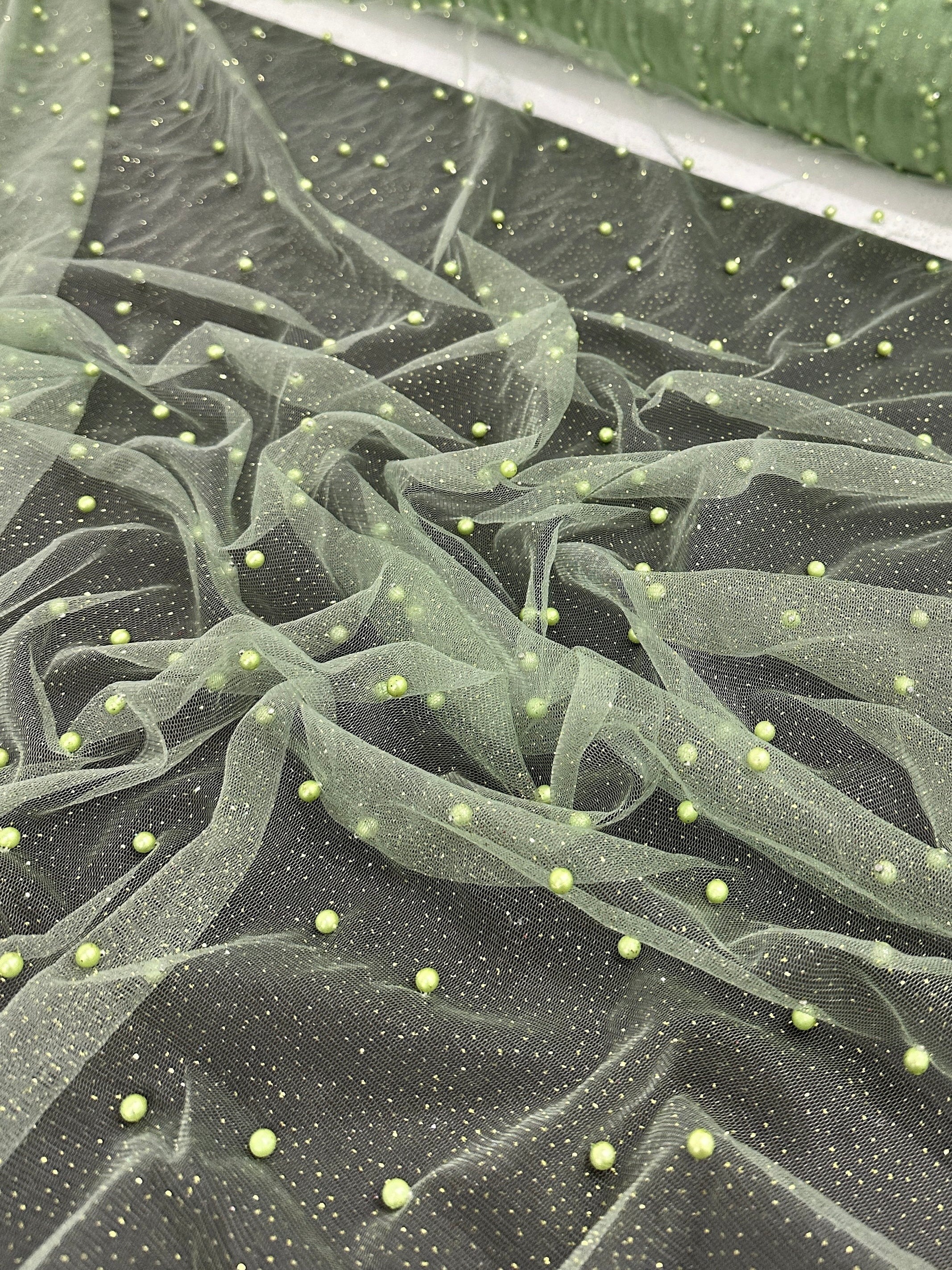 Apple Green Pearl Beaded Glittery Mesh/Tulle - Image 9