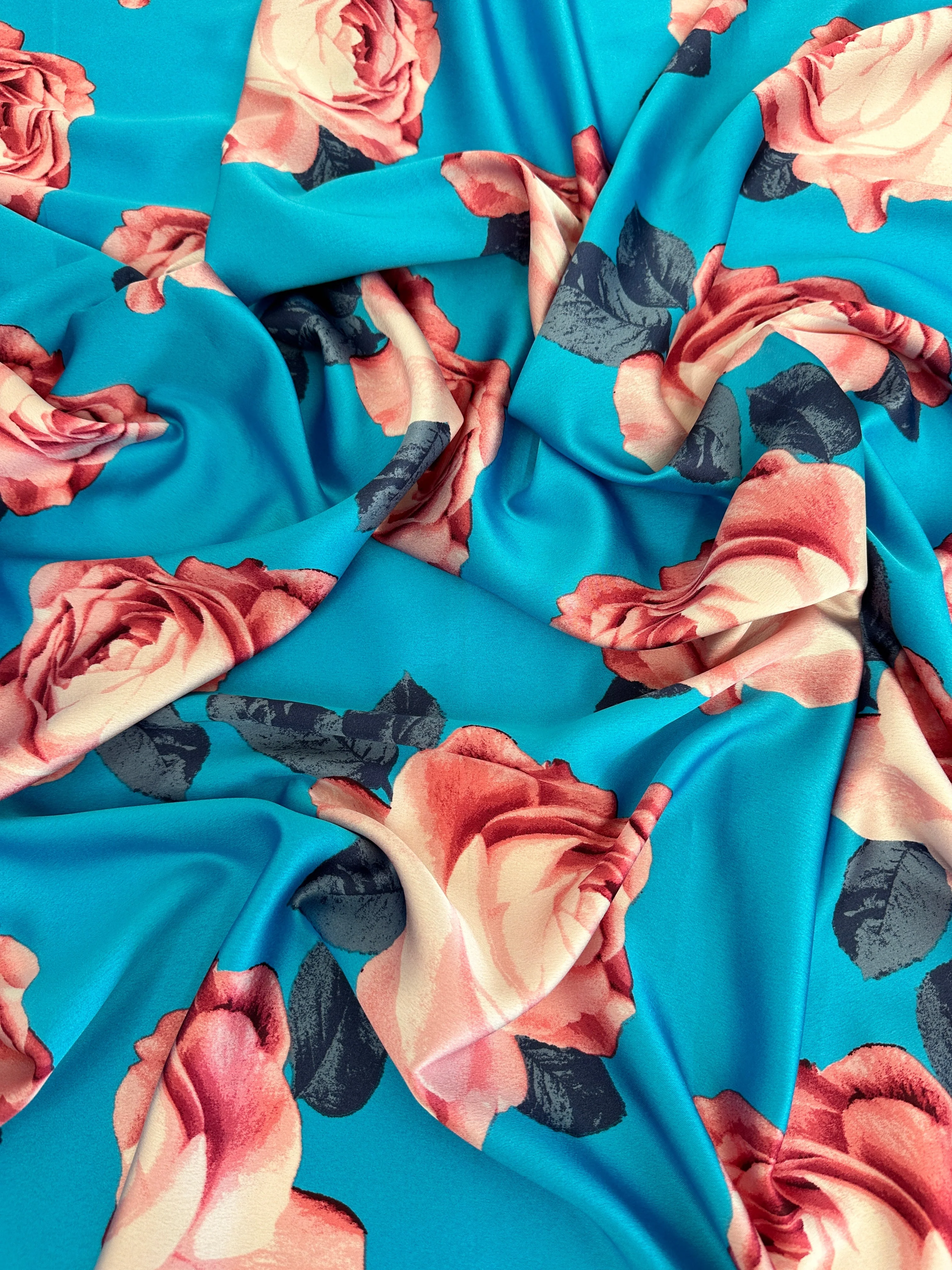 Aqua Blue Floral Print Satin
