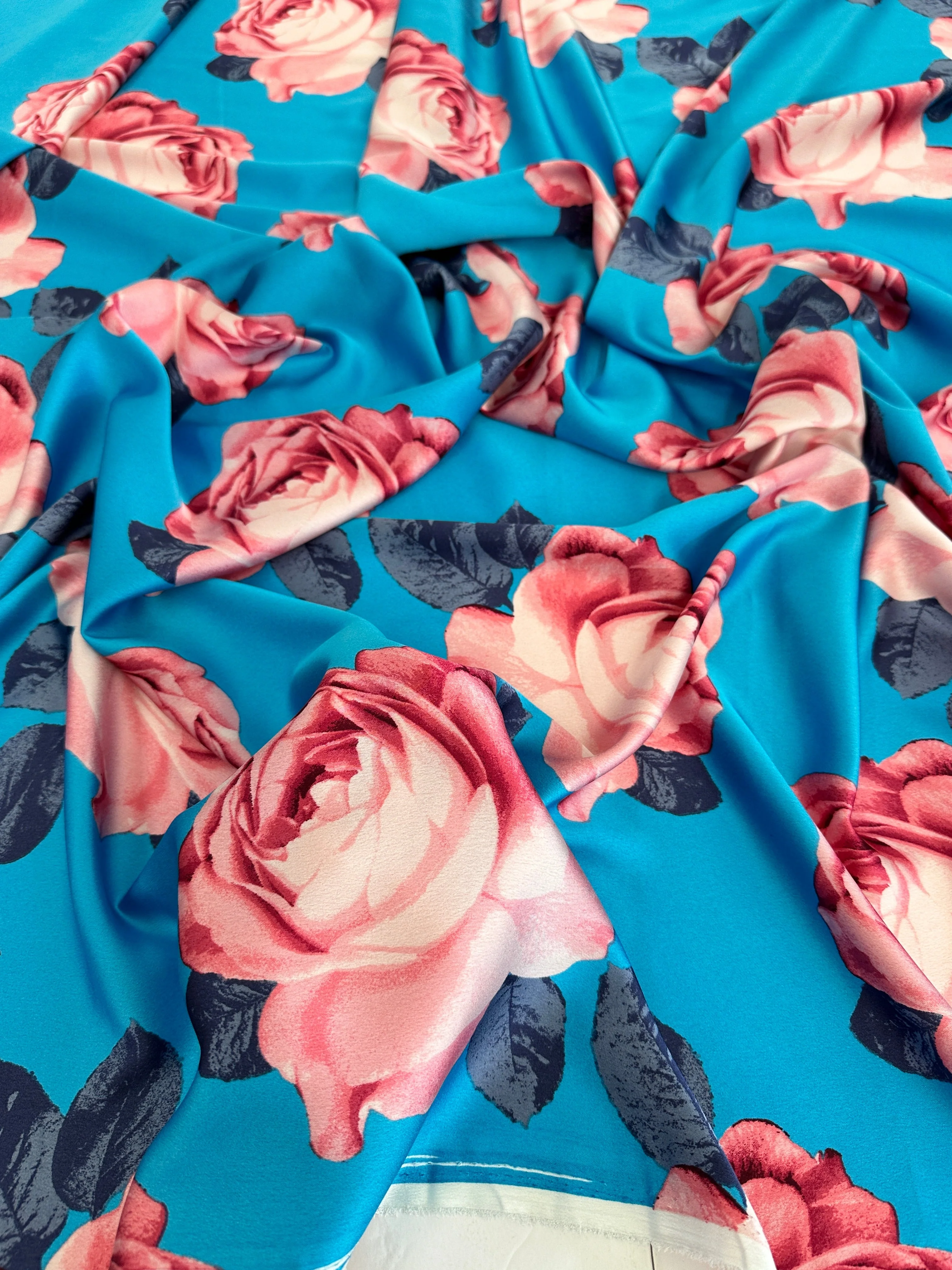 Aqua Blue Floral Print Satin - Image 10