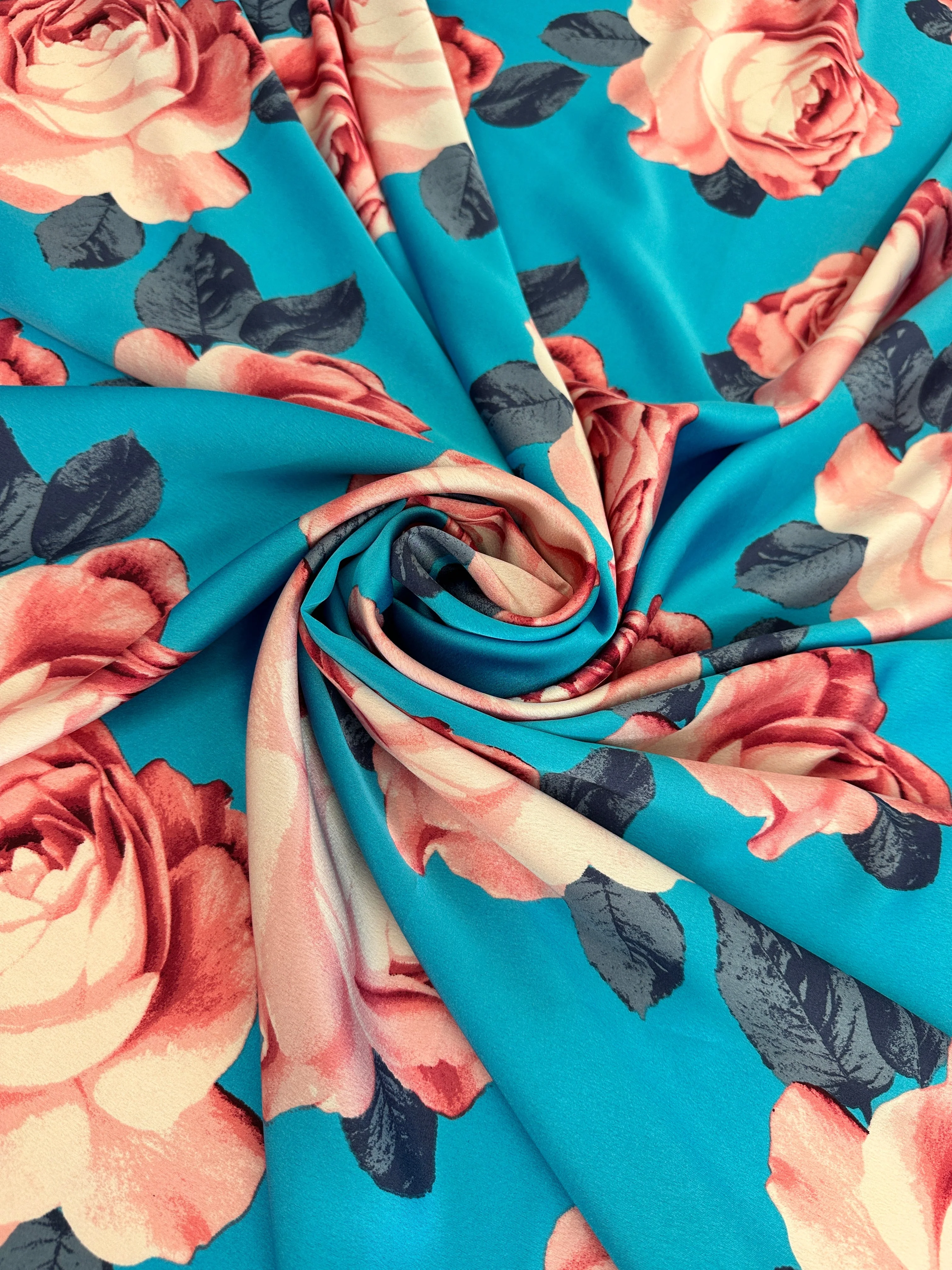 Aqua Blue Floral Print Satin - Image 2